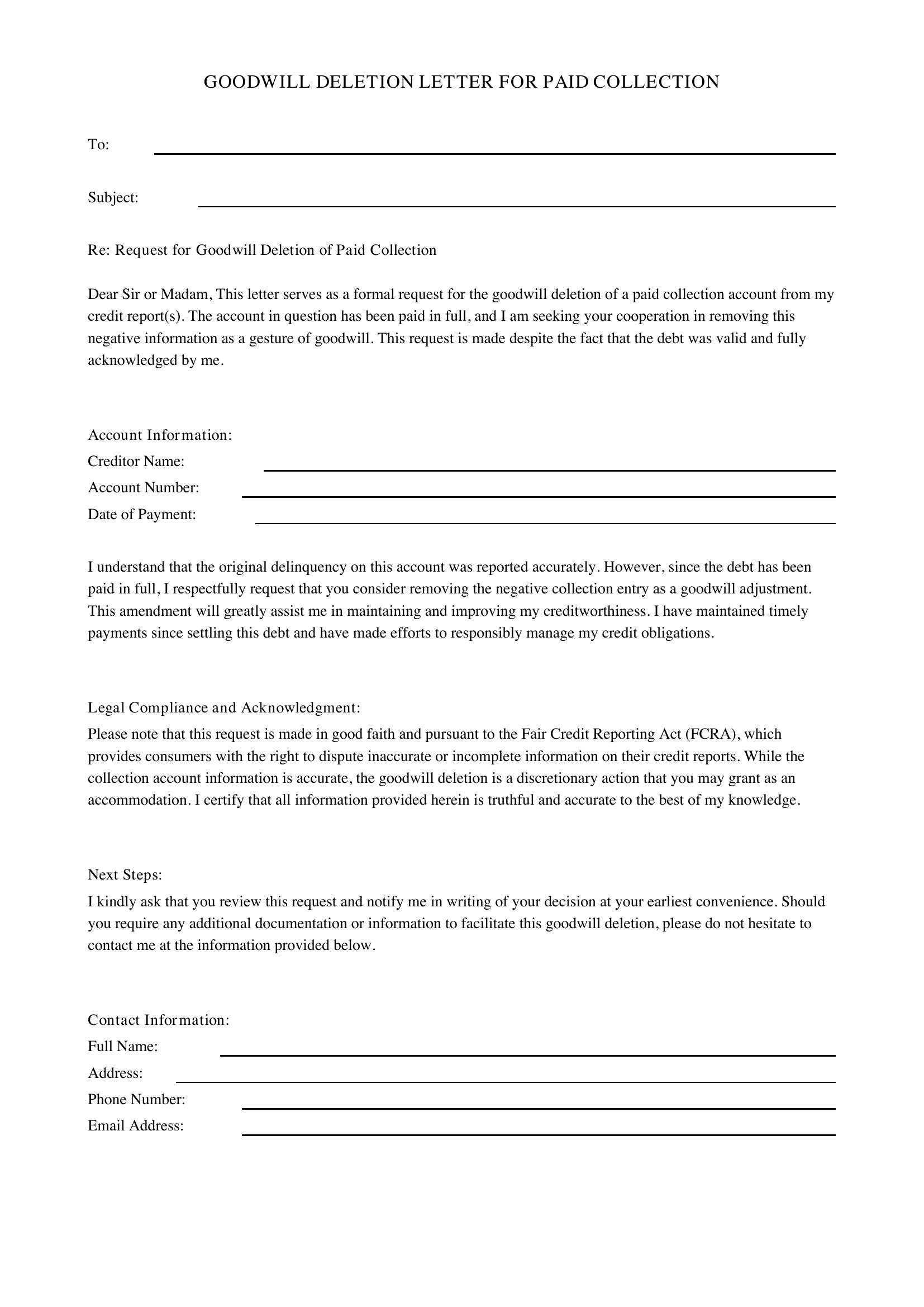 Goodwill Deletion Letter For Paid Collection Template - US