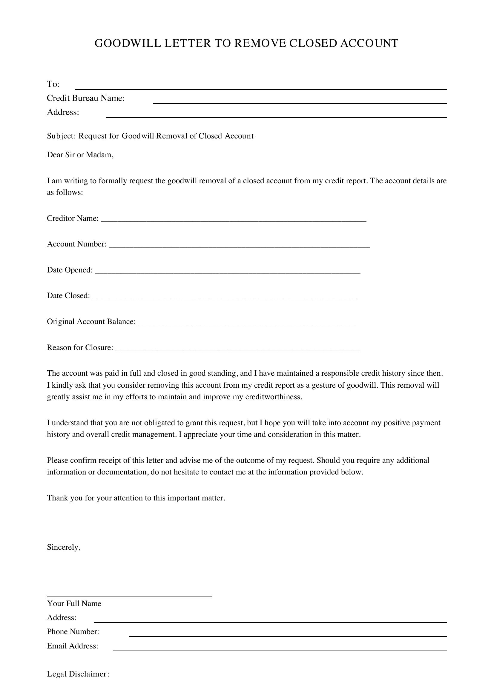 Goodwill Letter To Remove Closed Account Template - US