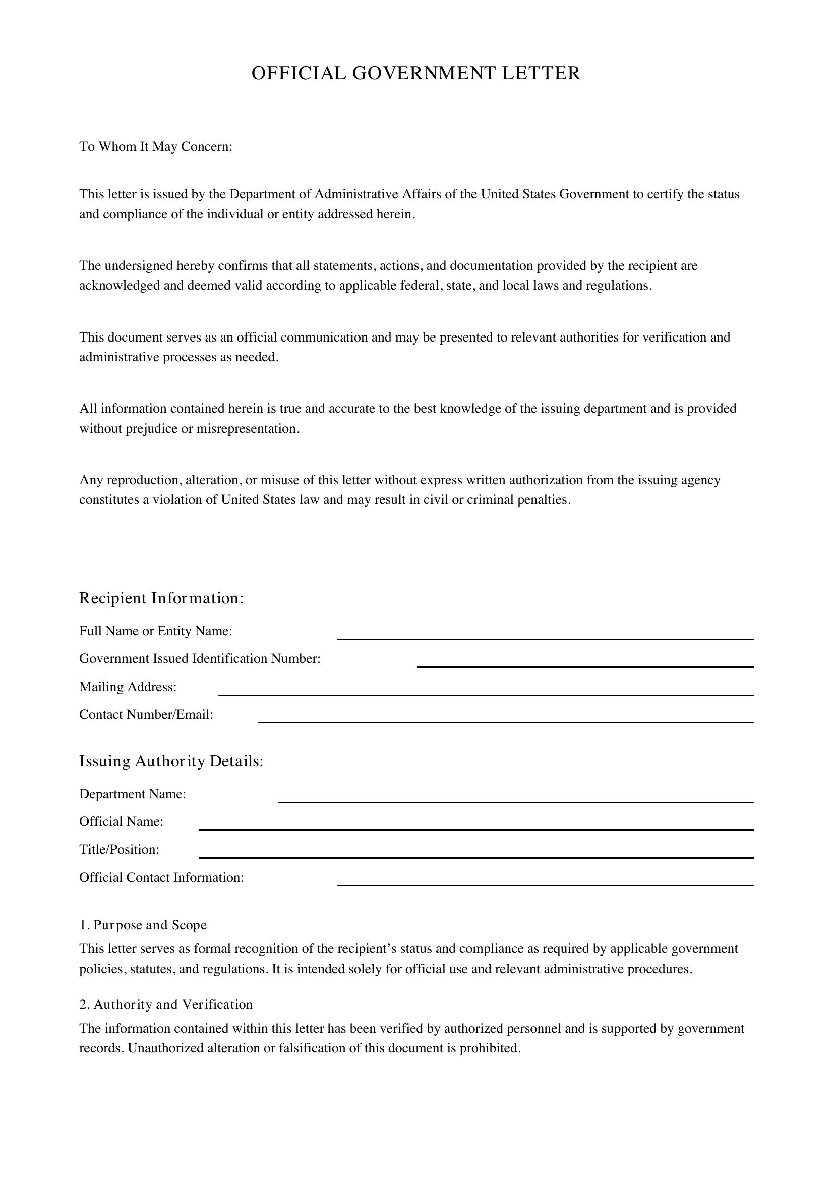 Government Letter Template - US