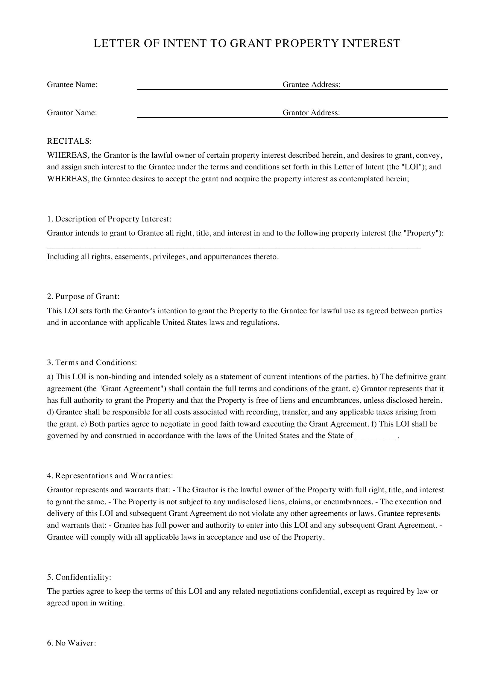Grant Letter Of Intent Template - US