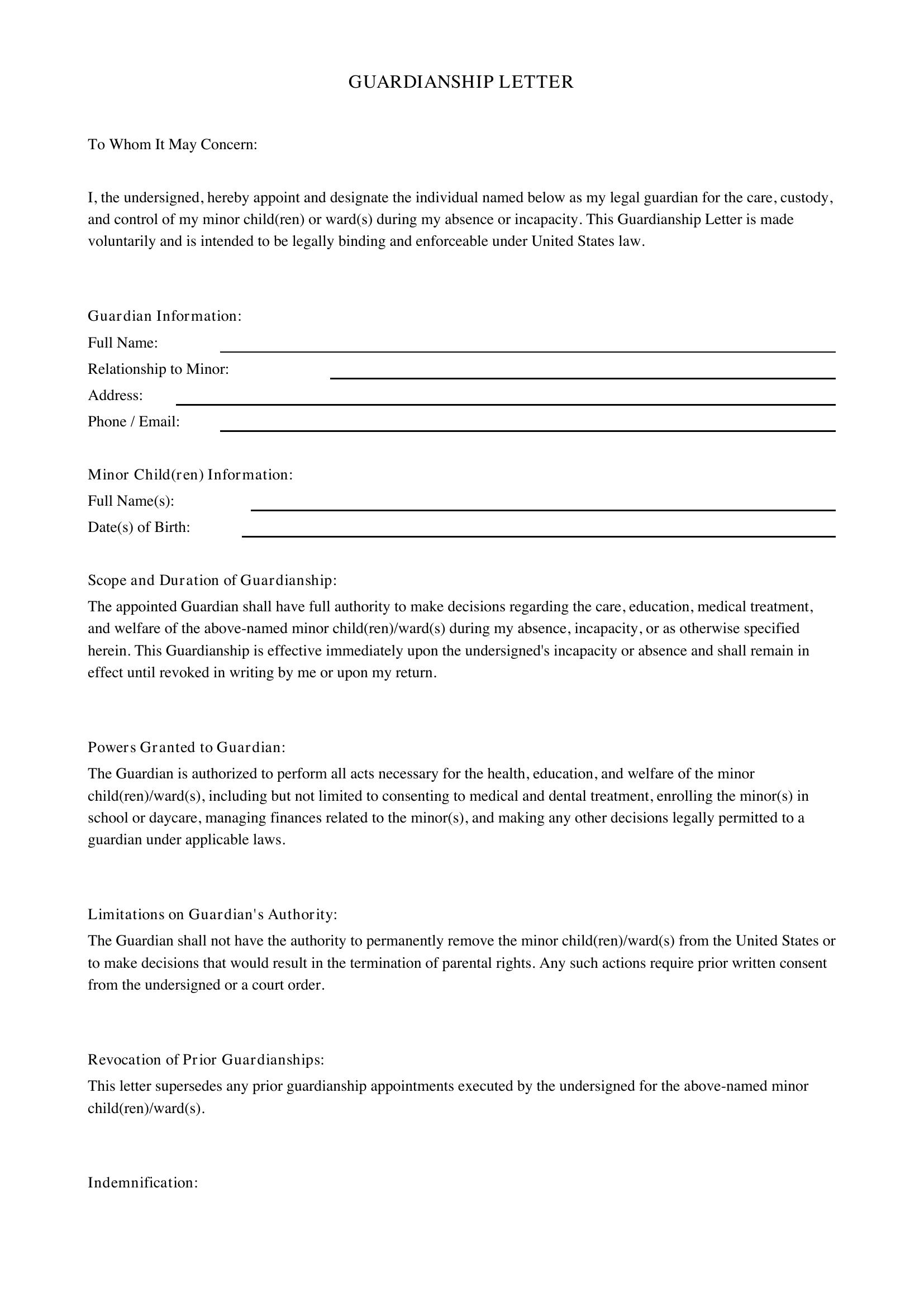 Guardianship Letter Template - US