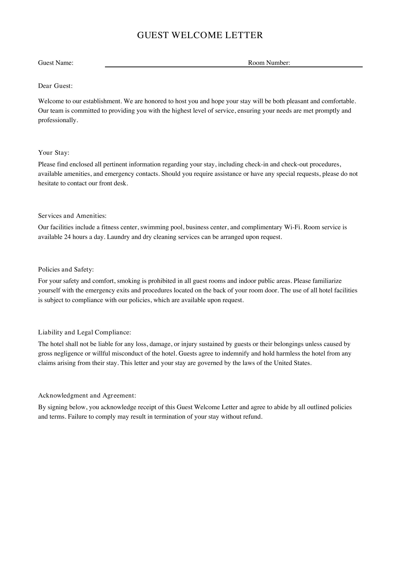 Guest Welcome Letter Template - US