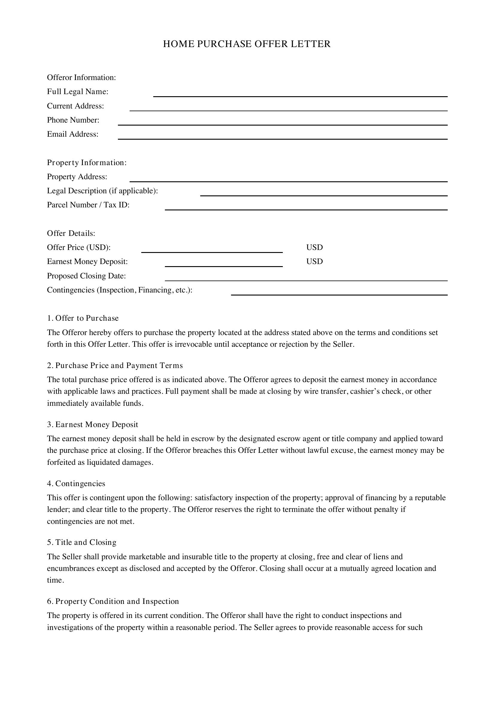 Home Purchase Offer Letter Template - US