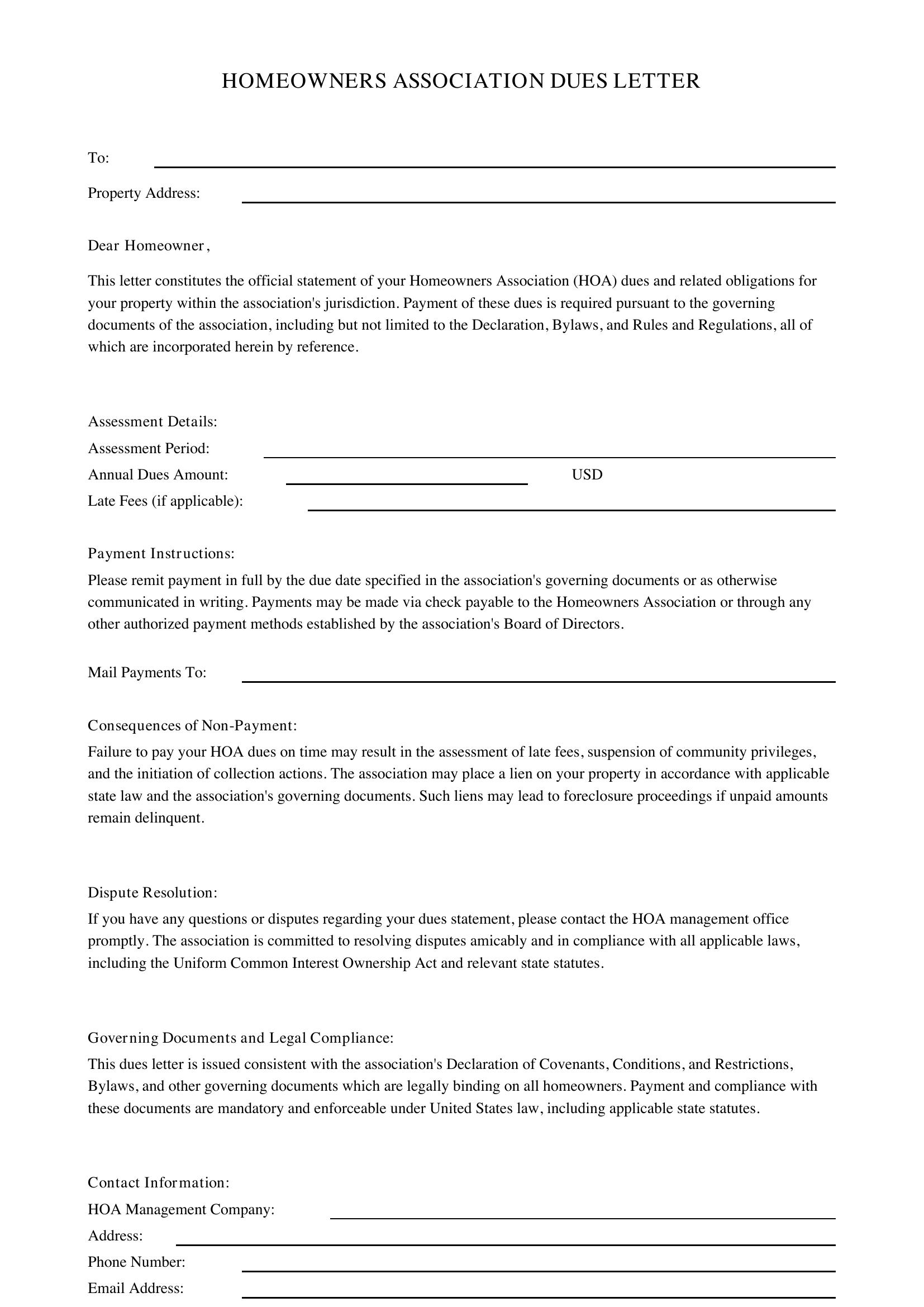 Homeowners Association Hoa Dues Letter Template - US