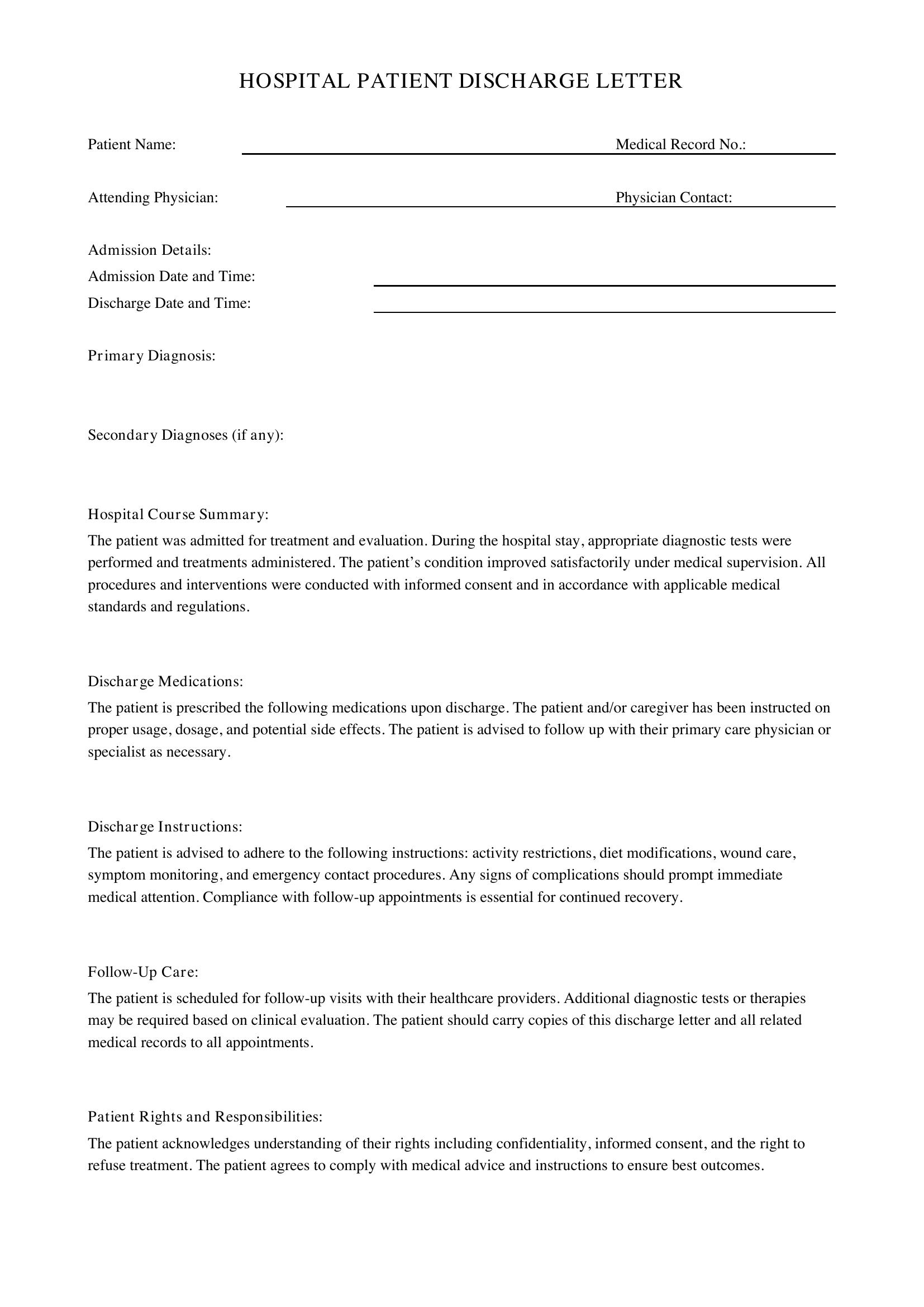 Hospital Patient Discharge Letter Template - US