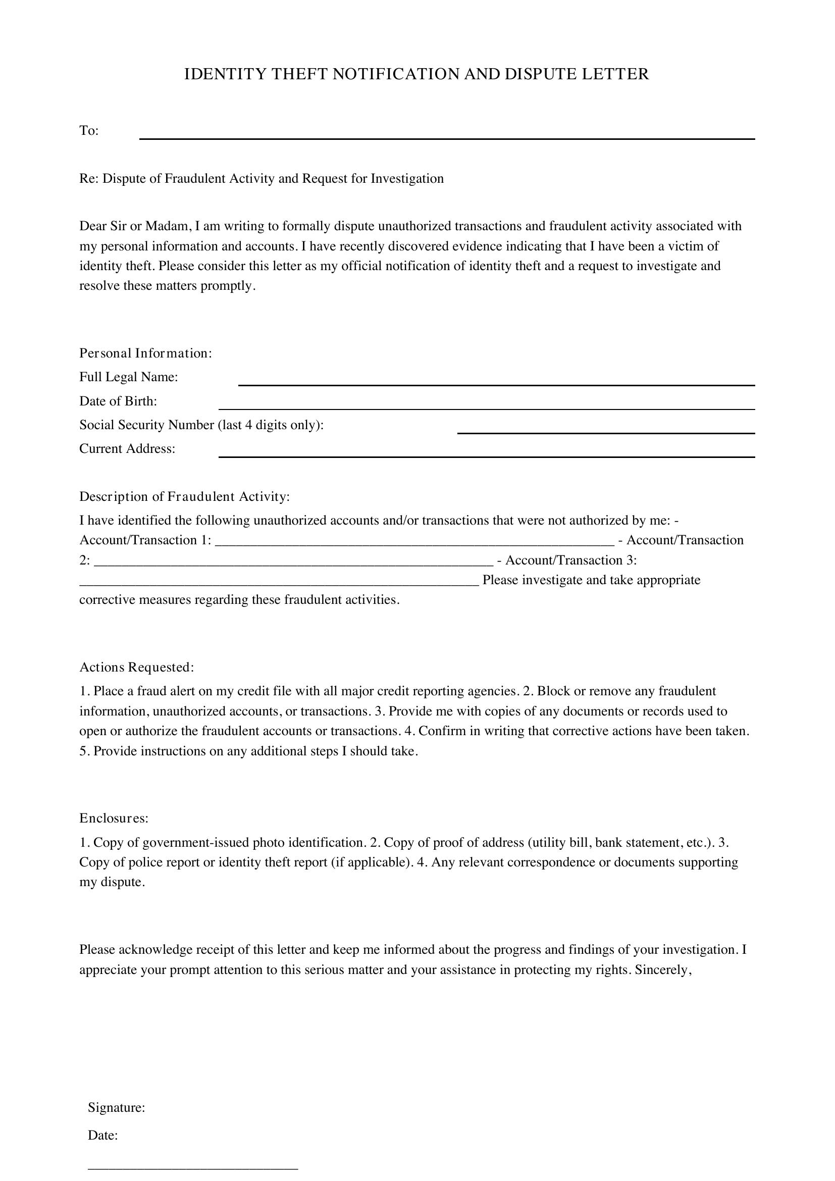 Identity Theft Letter Template - US