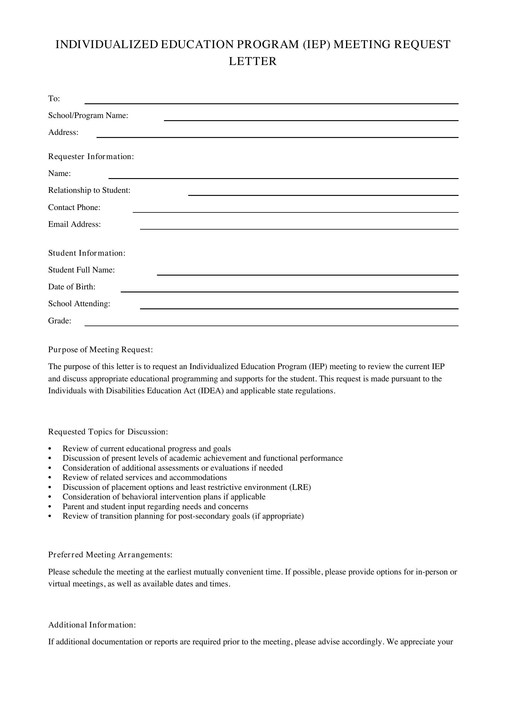 Iep Meeting Request Letter Template - US