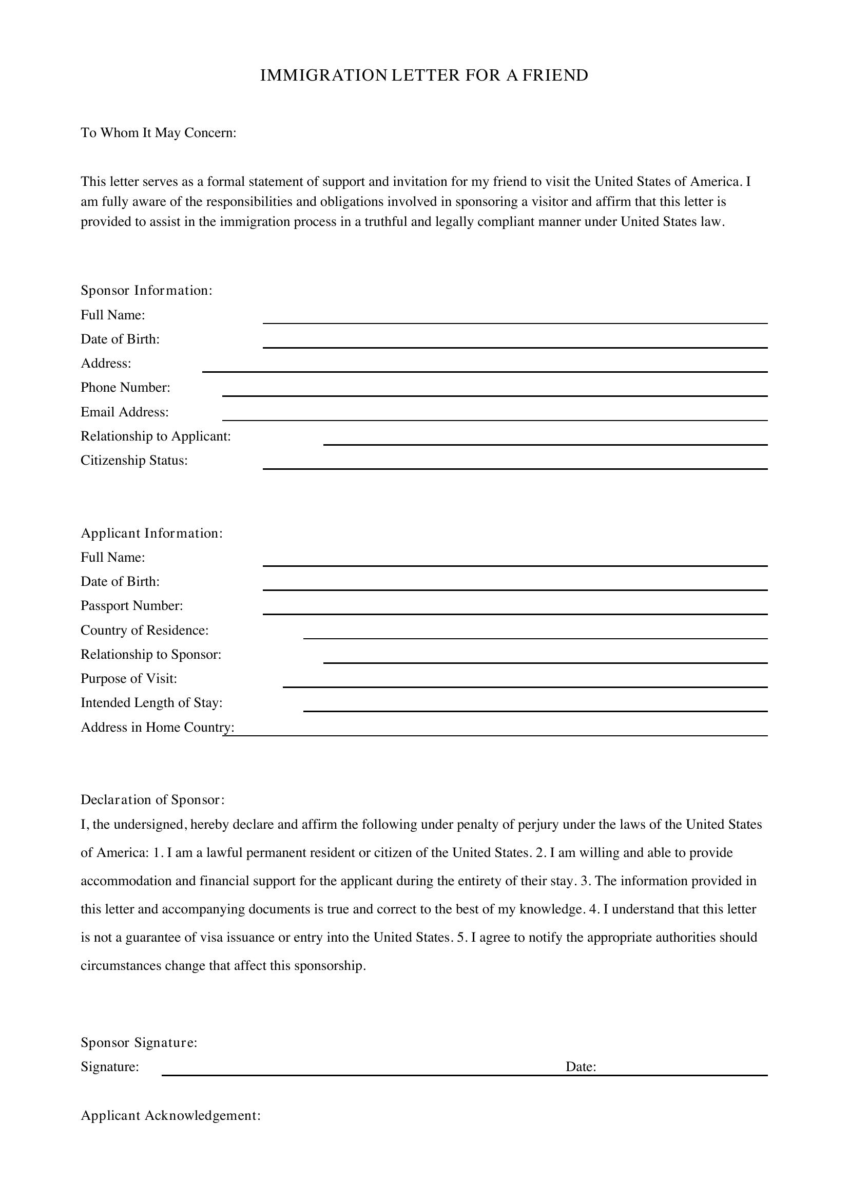 Immigration Letter For A Friend Template - US