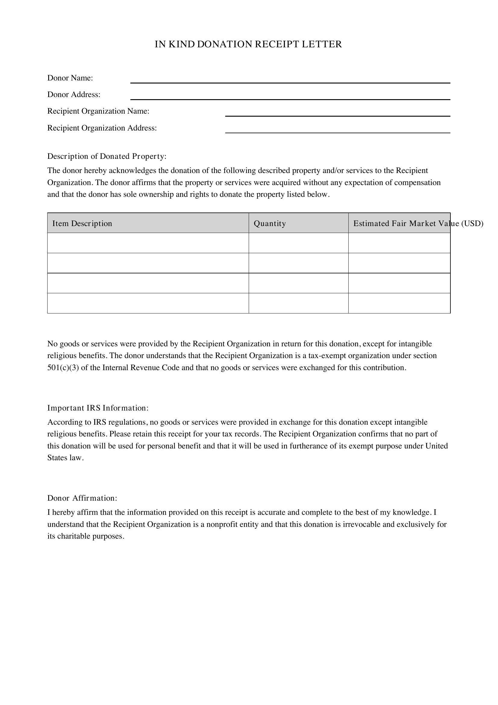 In Kind Donation Receipt Letter Template - US
