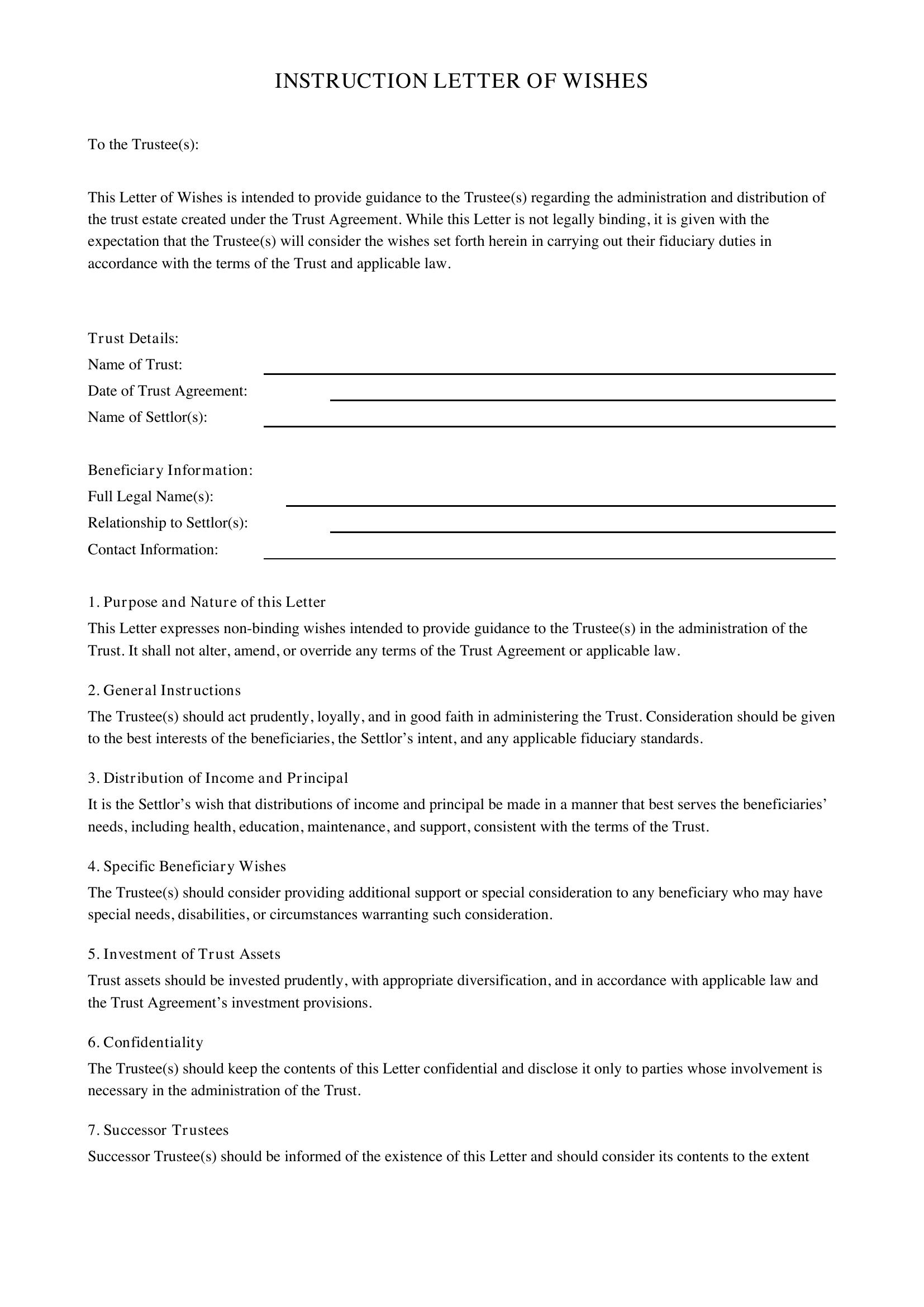 Instruction Letter Of Wishes Template - US