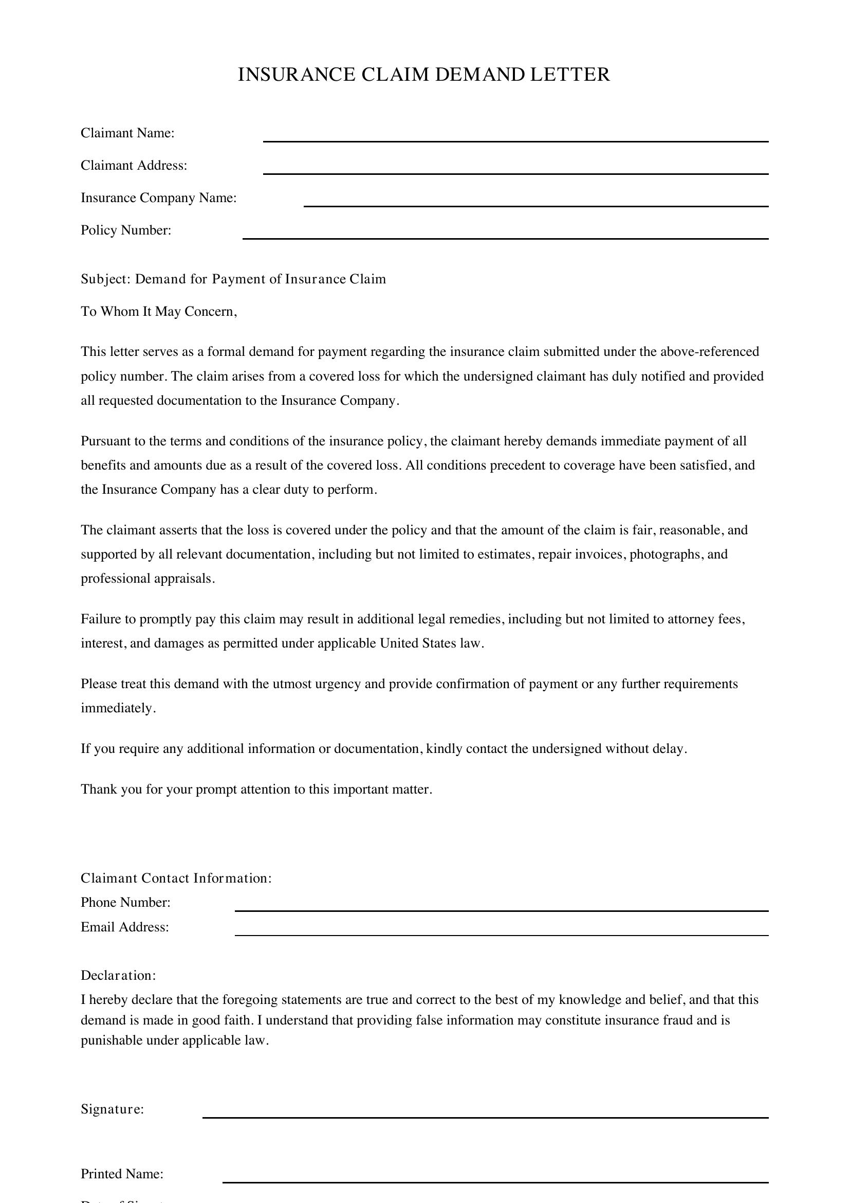 Insurance Claim Demand Letter Template - US