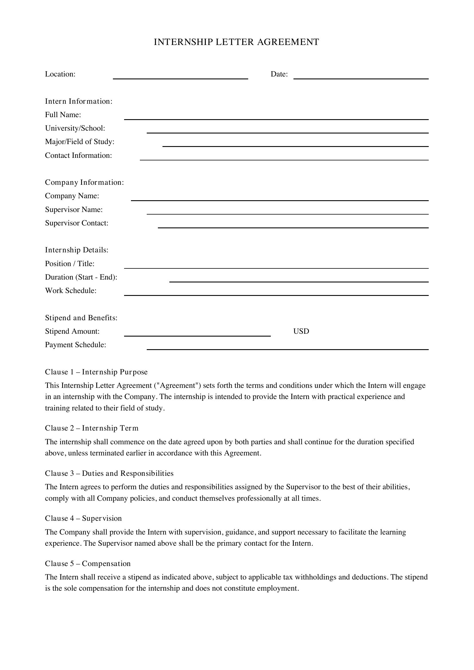 Internship Letter Template - US