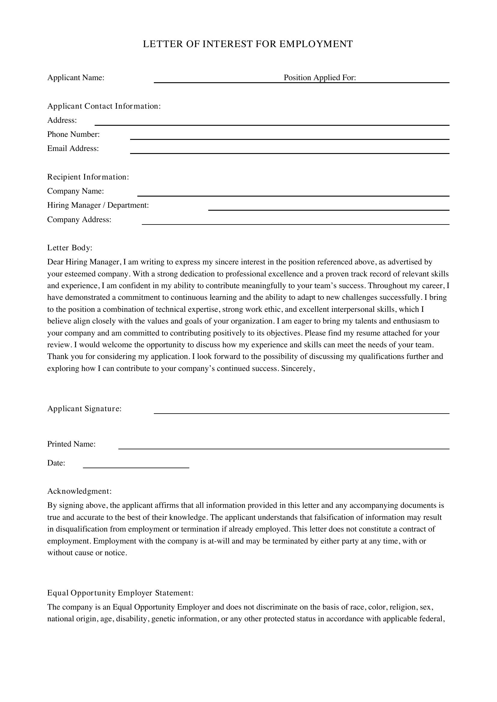 Job Interest Letter Template - US