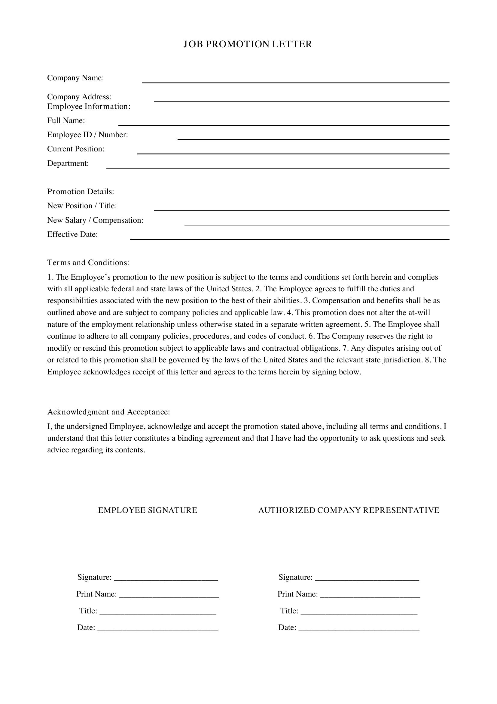 Job Promotion Letter Template - US