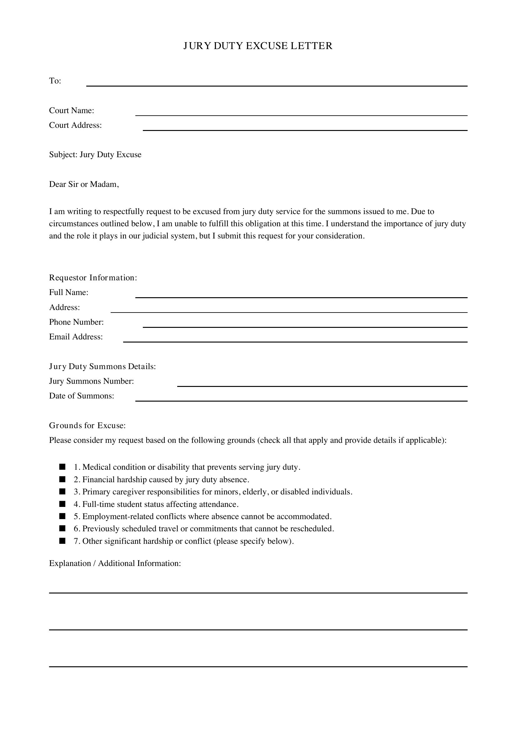 Jury Duty Excuse Letter Template - US