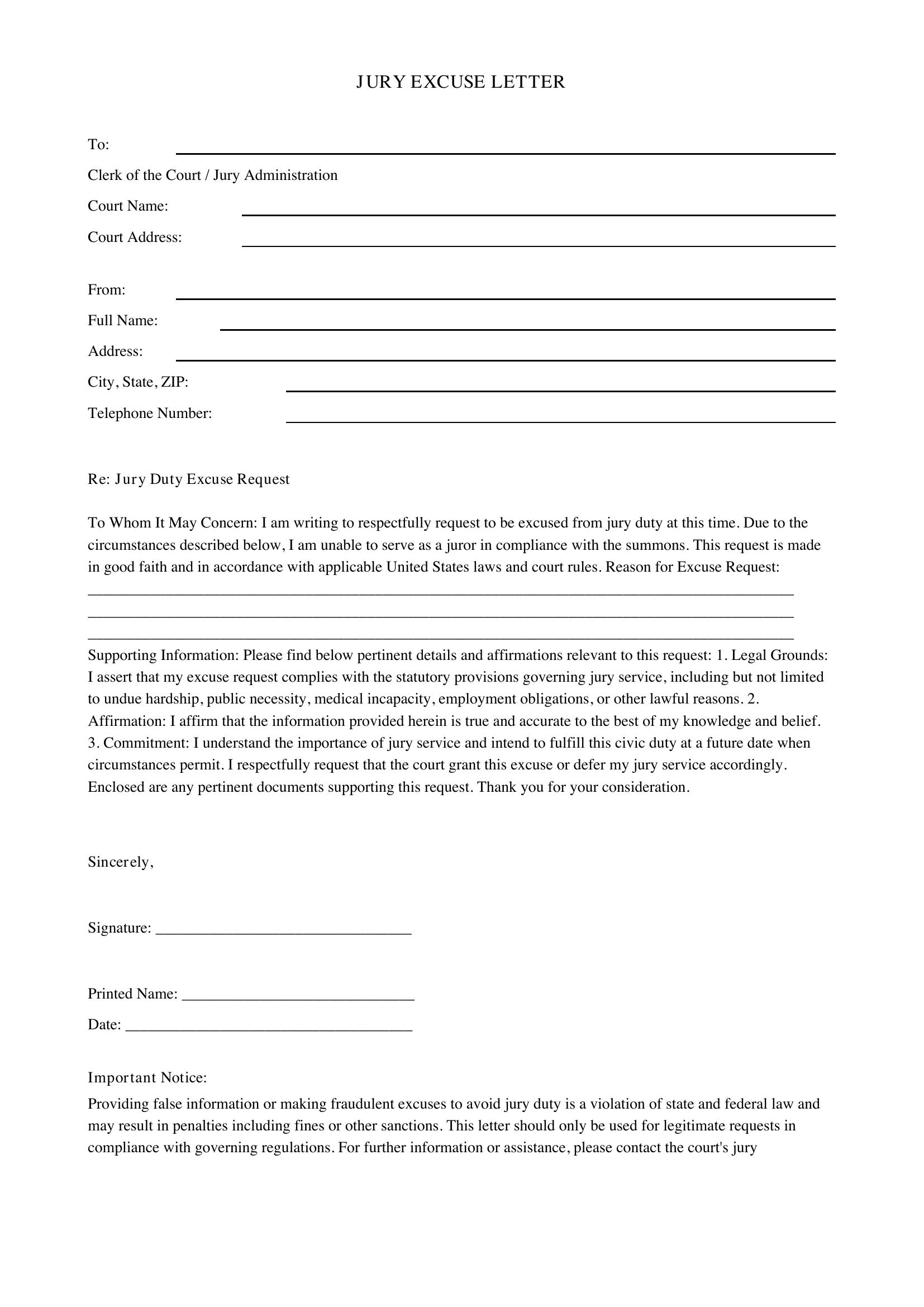 Jury Excuse Letter Template - US