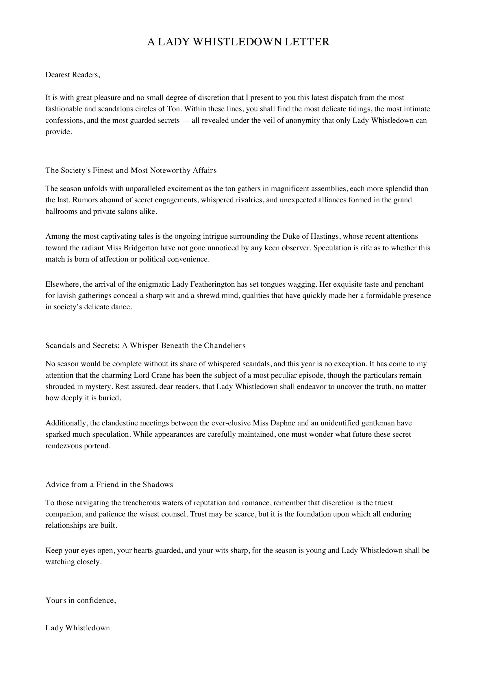 Lady Whistledown Letter Template - US