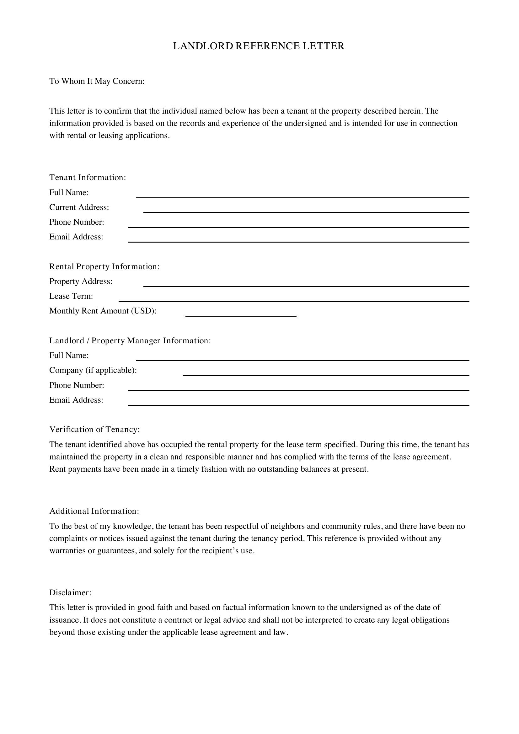 Landlord Reference Letter Template - US