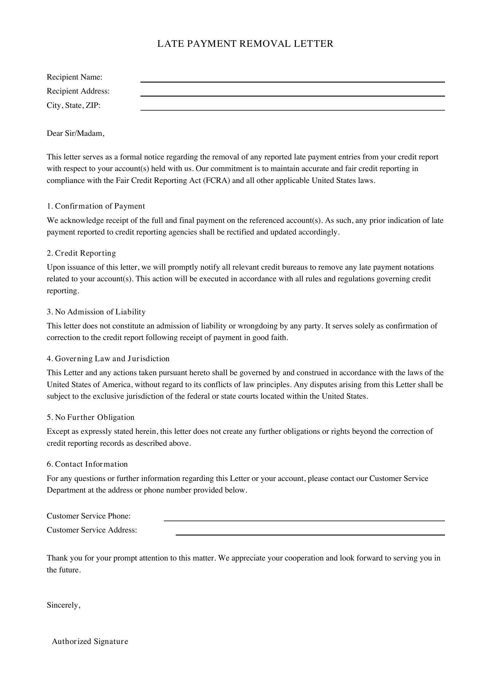 Late Payment Removal Letter Template - US