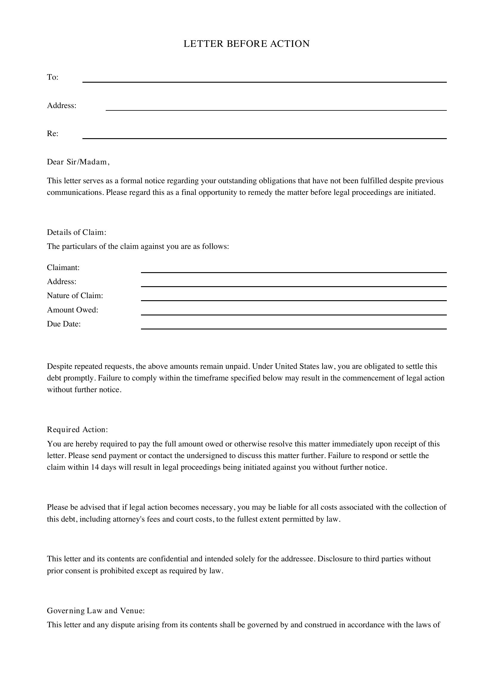 Letter Before Action Template - US
