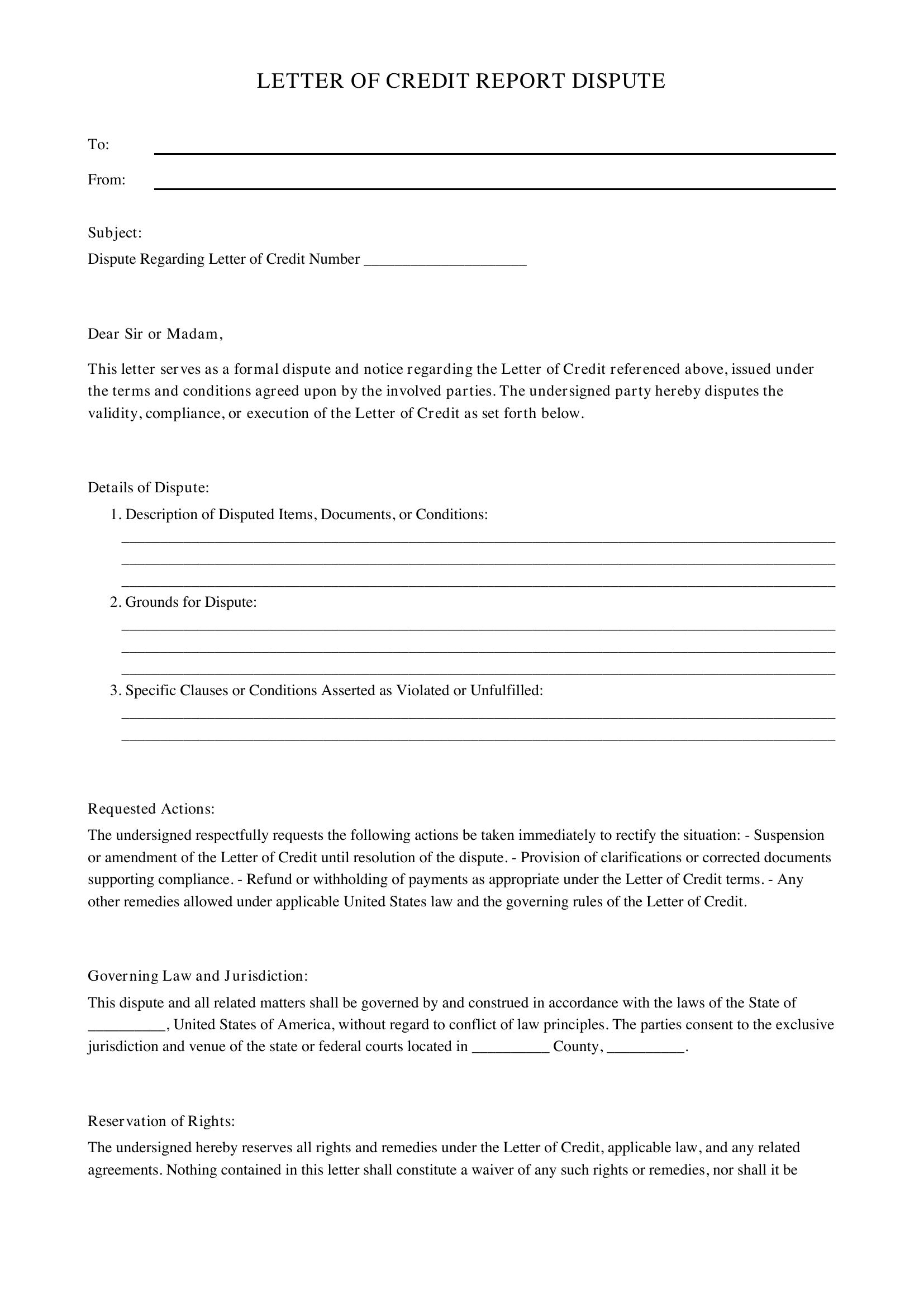 Letter For Credit Report Dispute Template - US