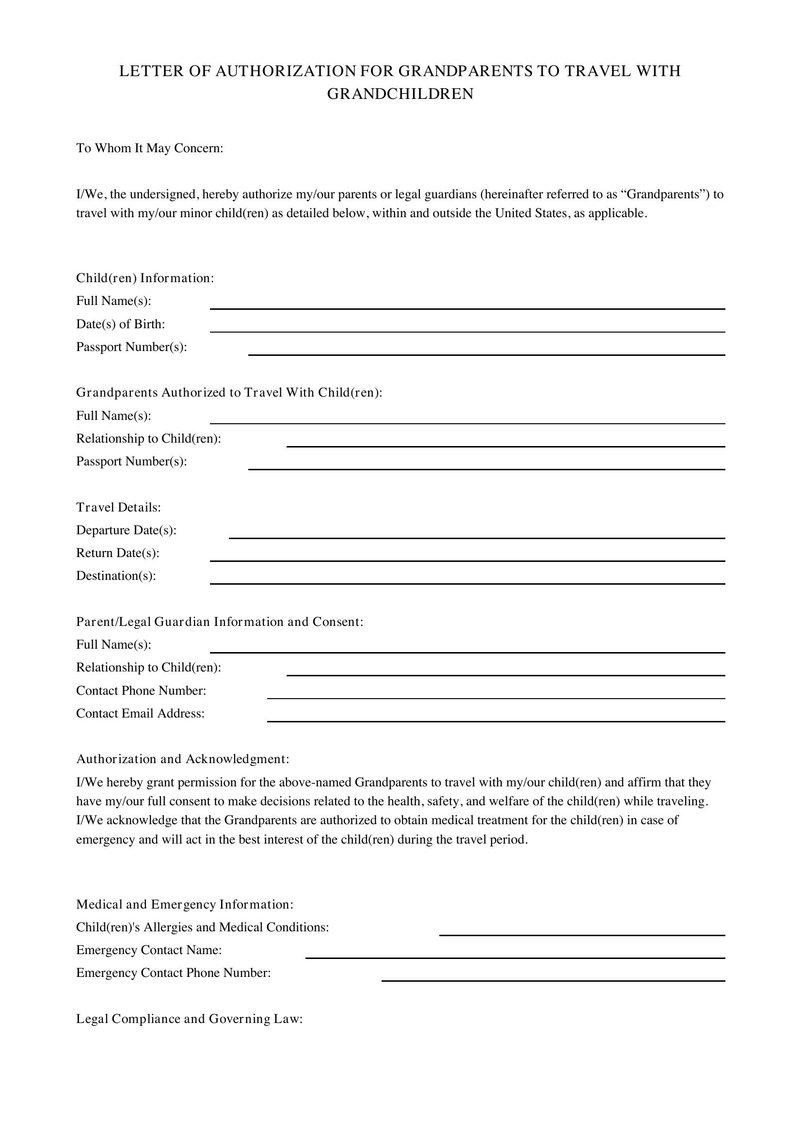 Letter For Grandparents To Travel With Grandchildren Template - US