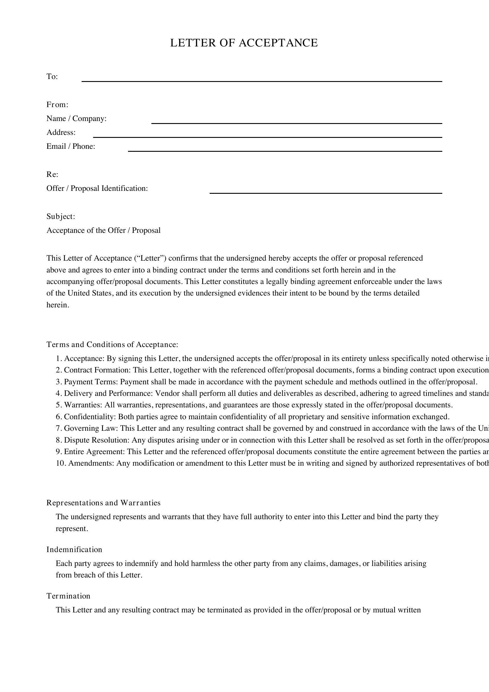 Letter Of Acceptance Template - US