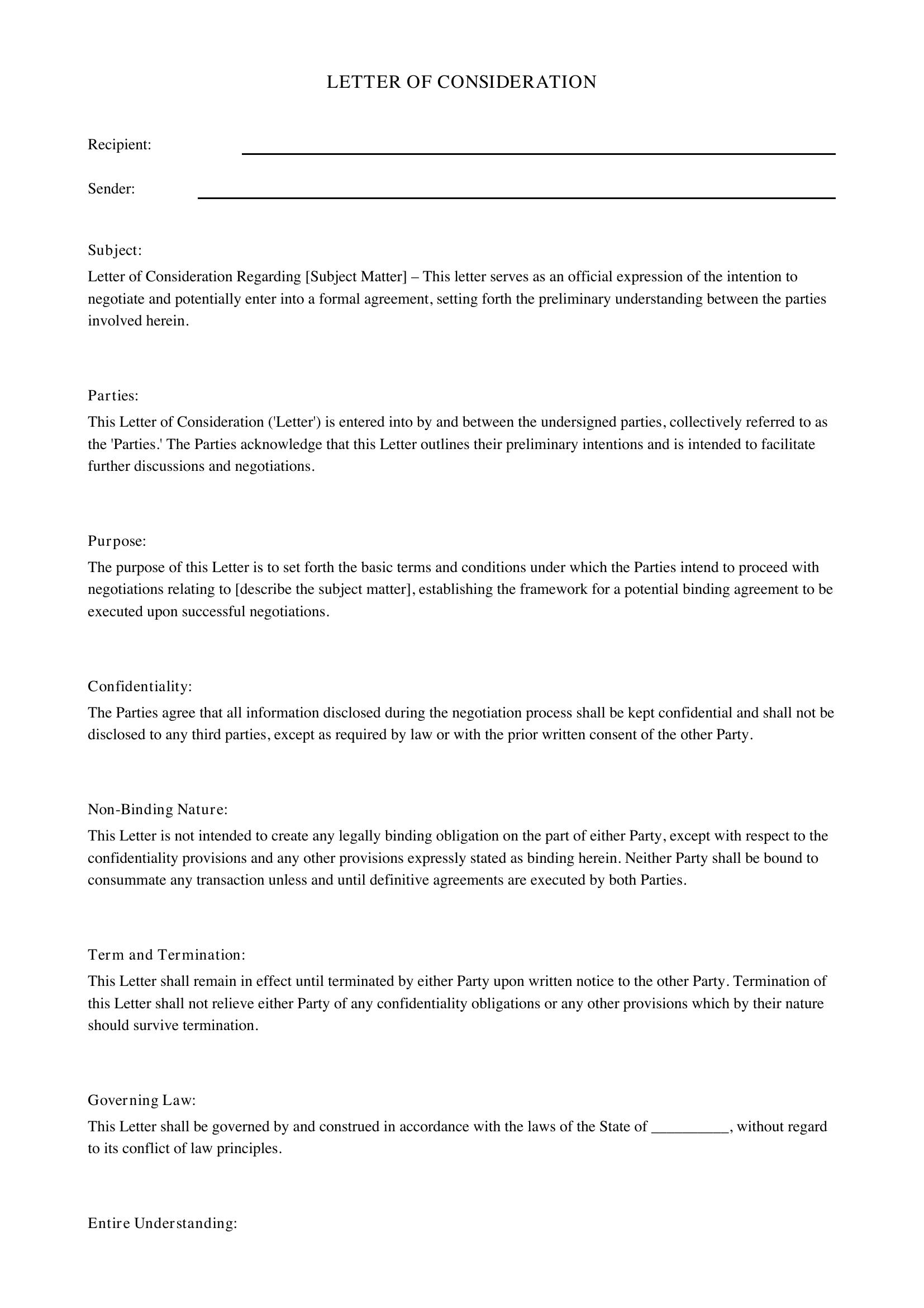 Letter Of Consideration Template - US