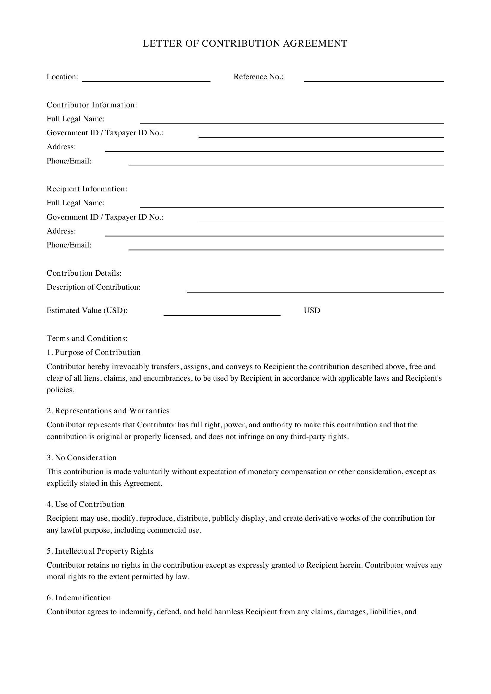 Letter Of Contribution Template - US