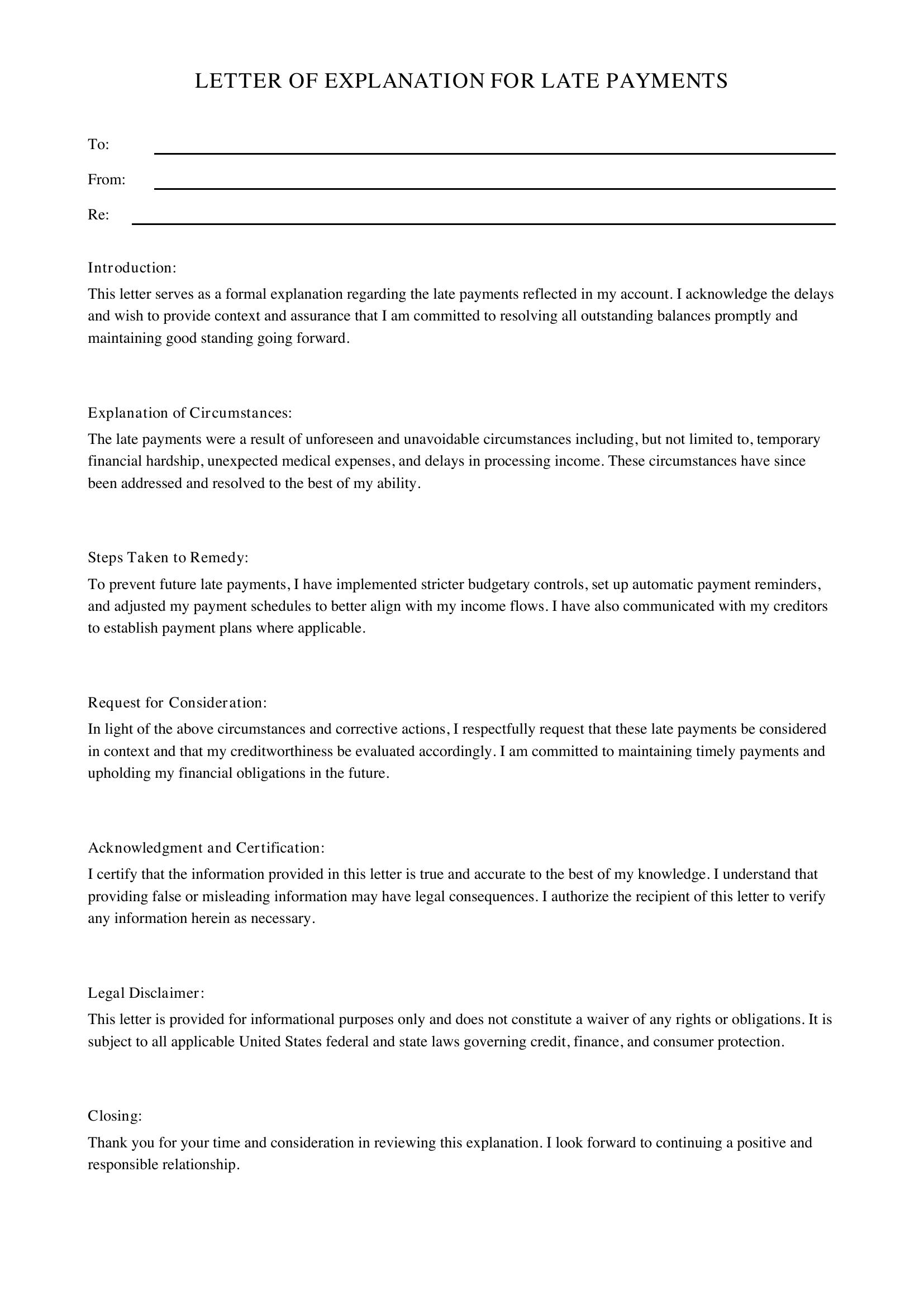 Letter Of Explanation For Late Payments Template - US