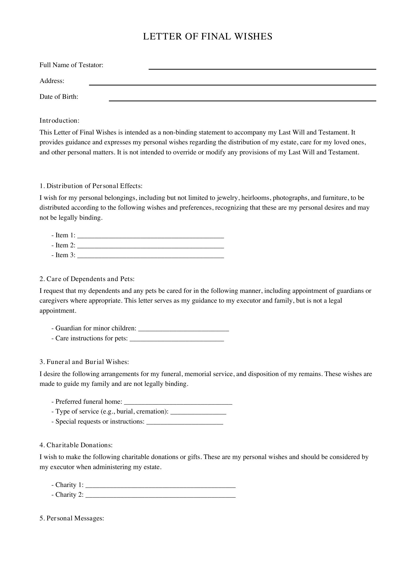 Letter Of Final Wishes Template - US