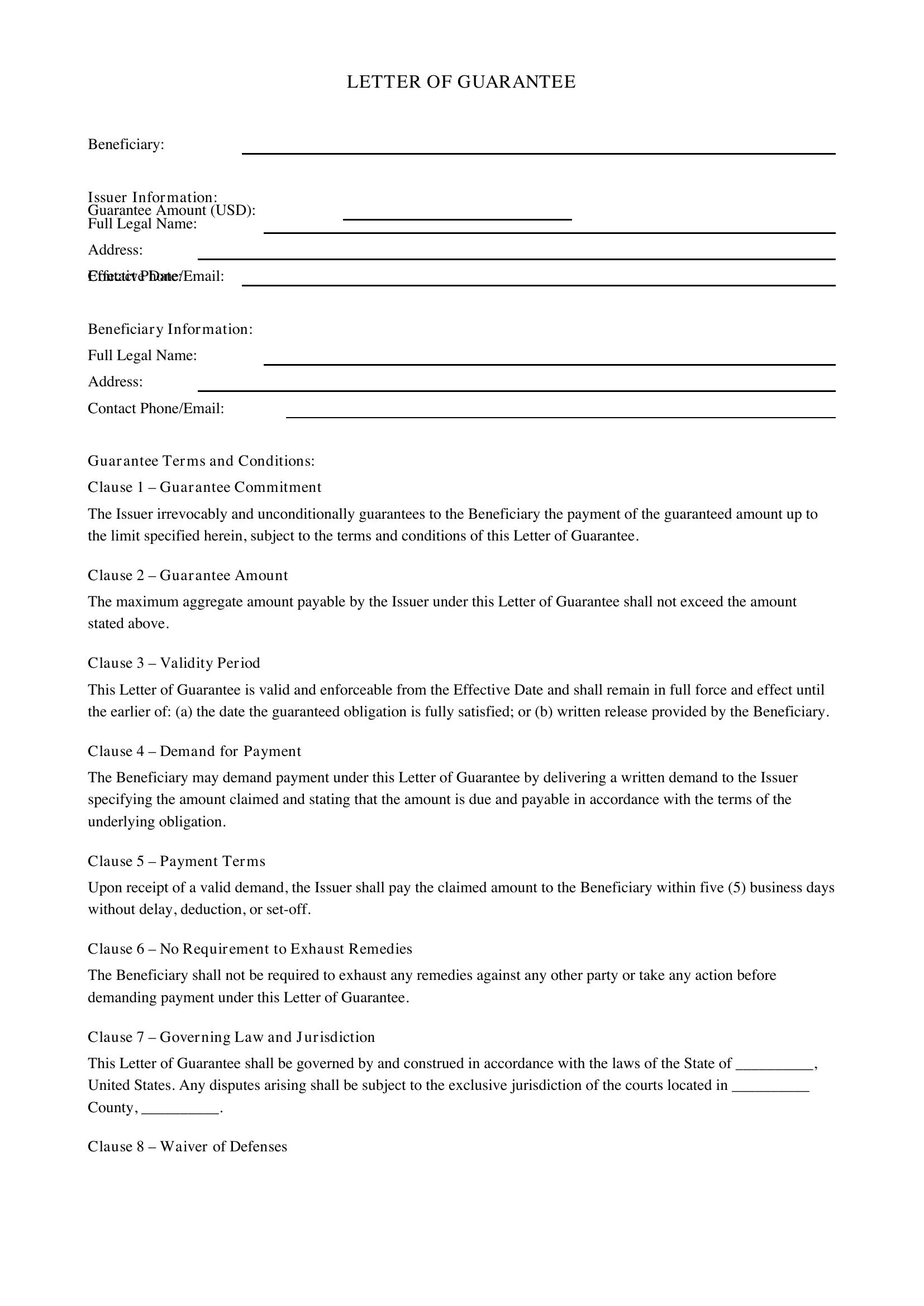 Letter Of Guarantee Template - US