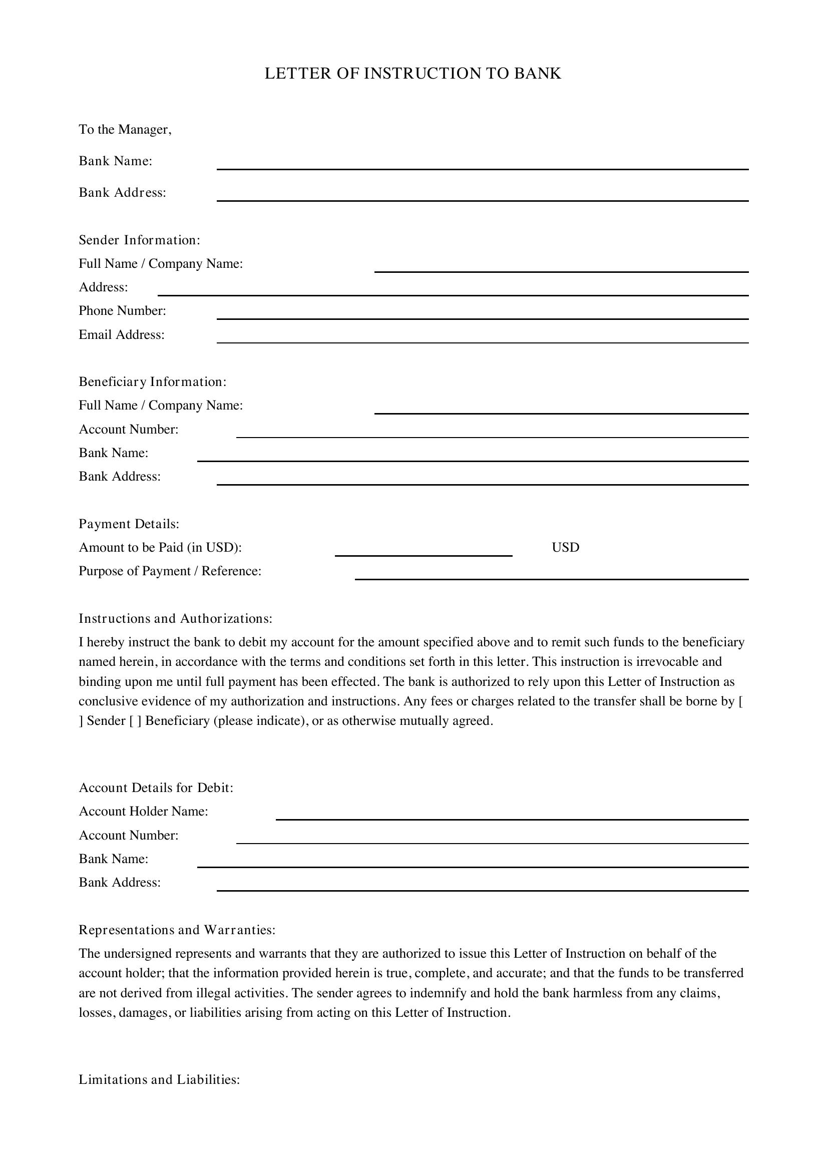Letter Of Instruction To Bank Template - US
