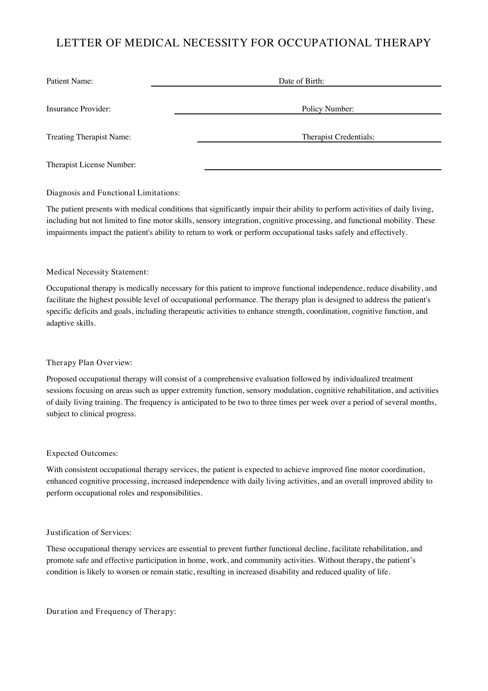 Letter Of Medical Necessity For Occupational Therapy Template - US