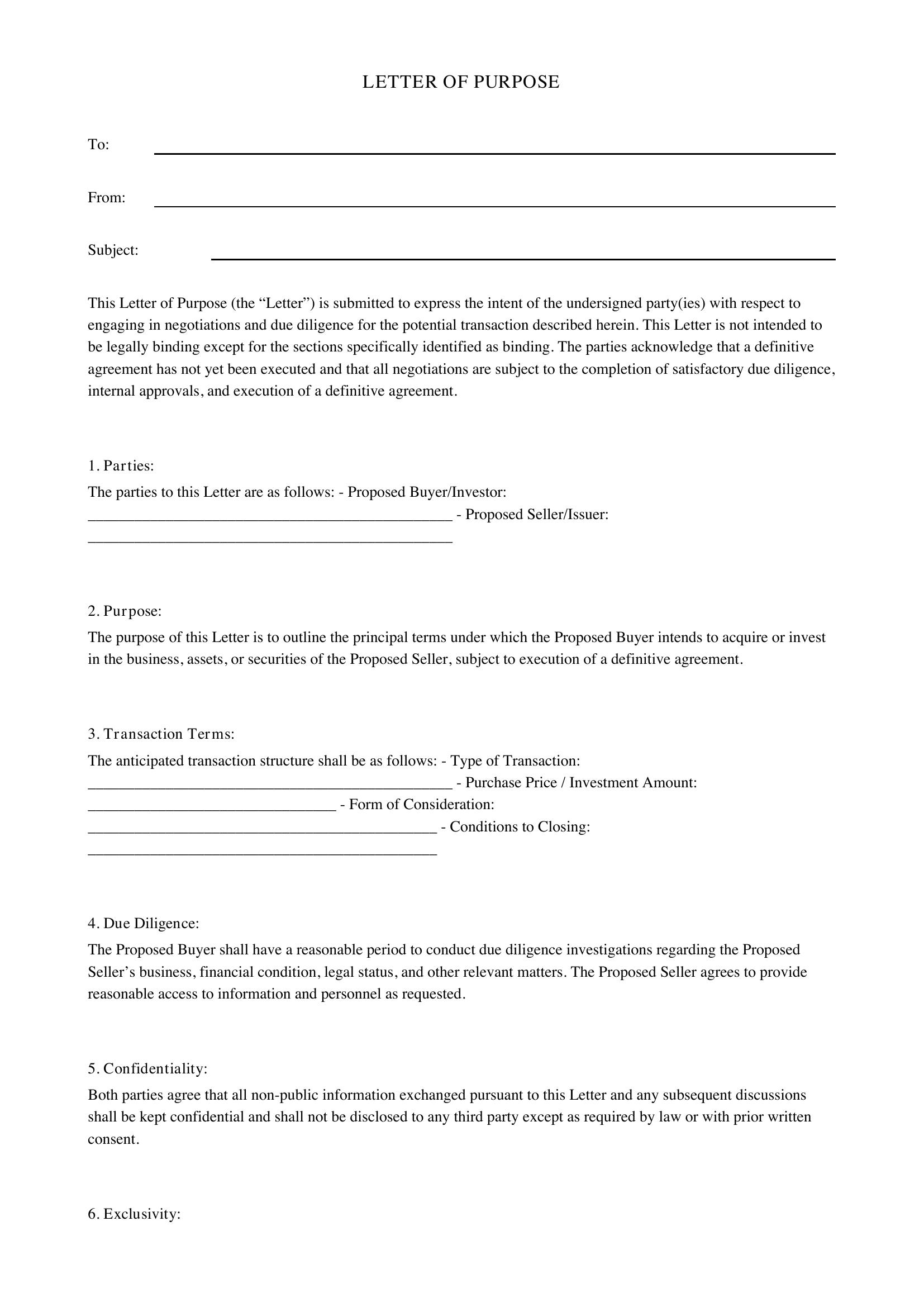 Letter Of Purpose Template - US