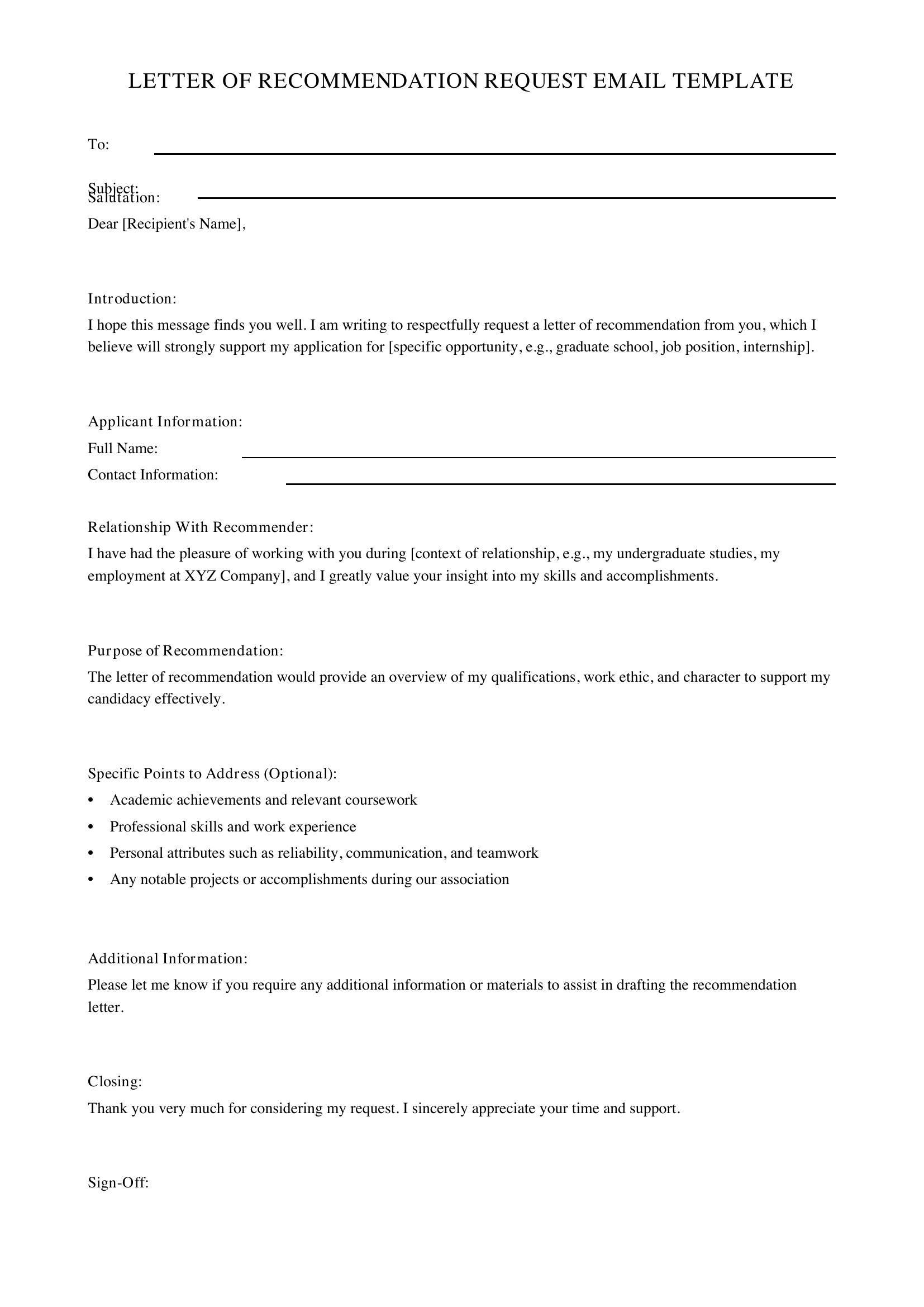 Letter Of Rec Request Email Template - US