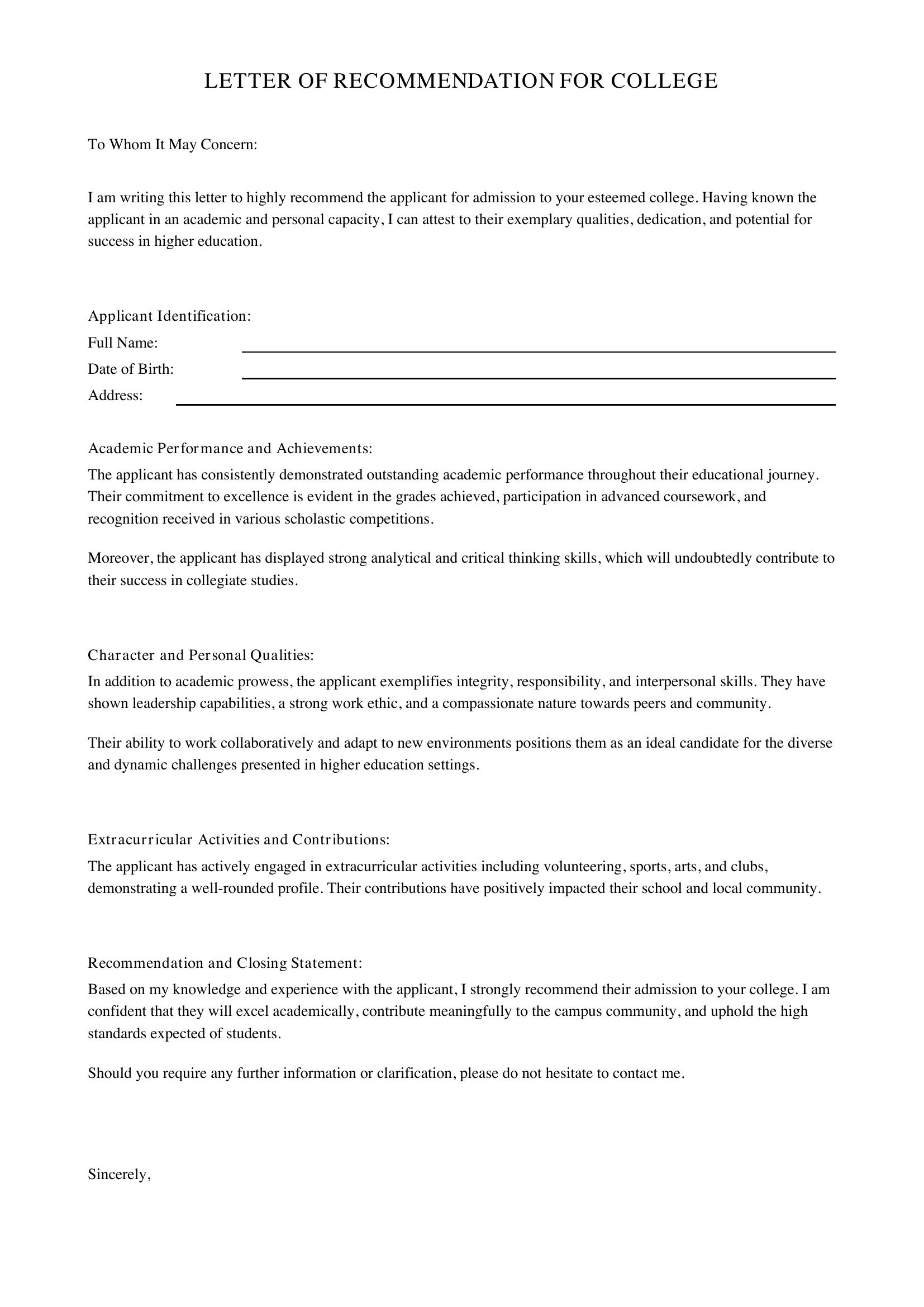 Letter Of Recommendation For College Template - US