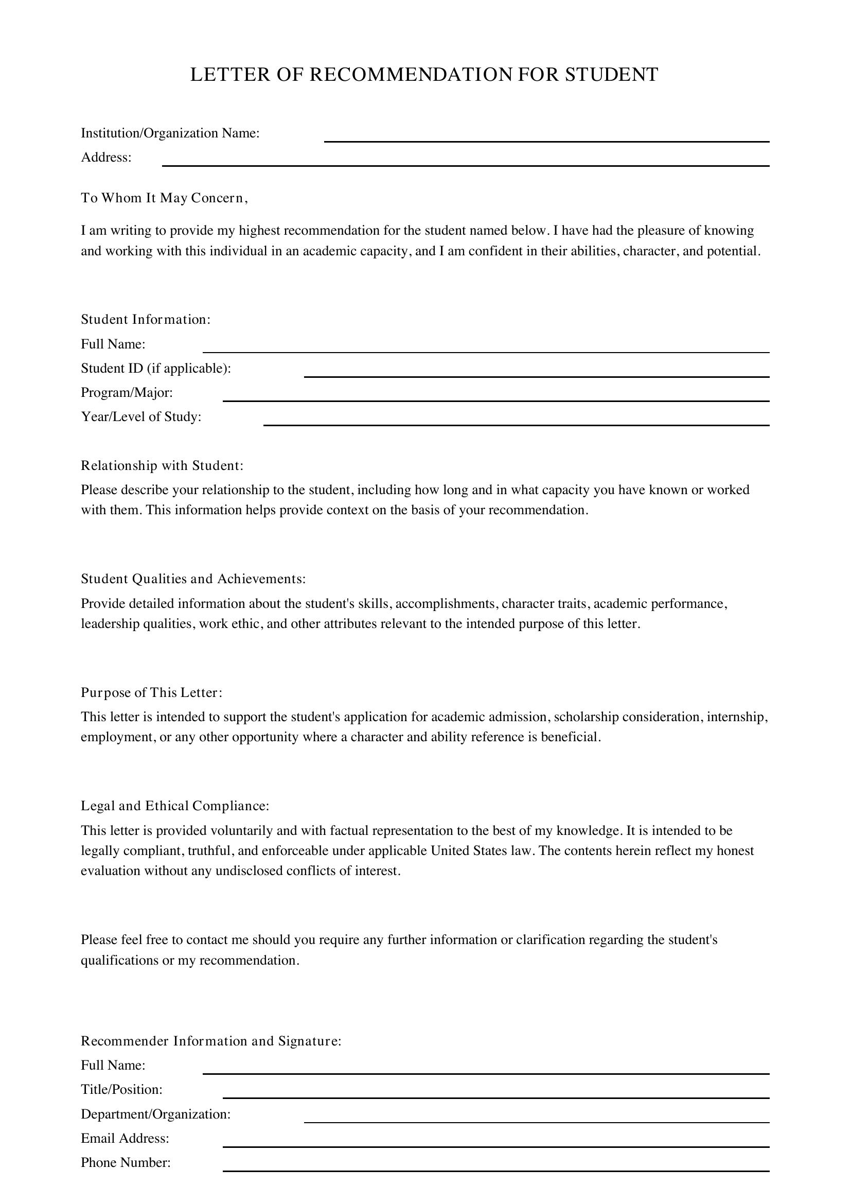 Letter Of Recommendation For Student Template - US