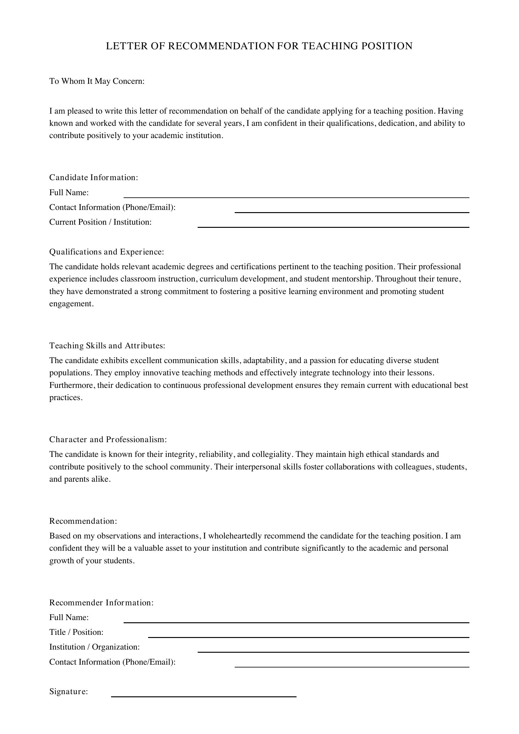 Letter Of Recommendation For Teaching Position Template - US