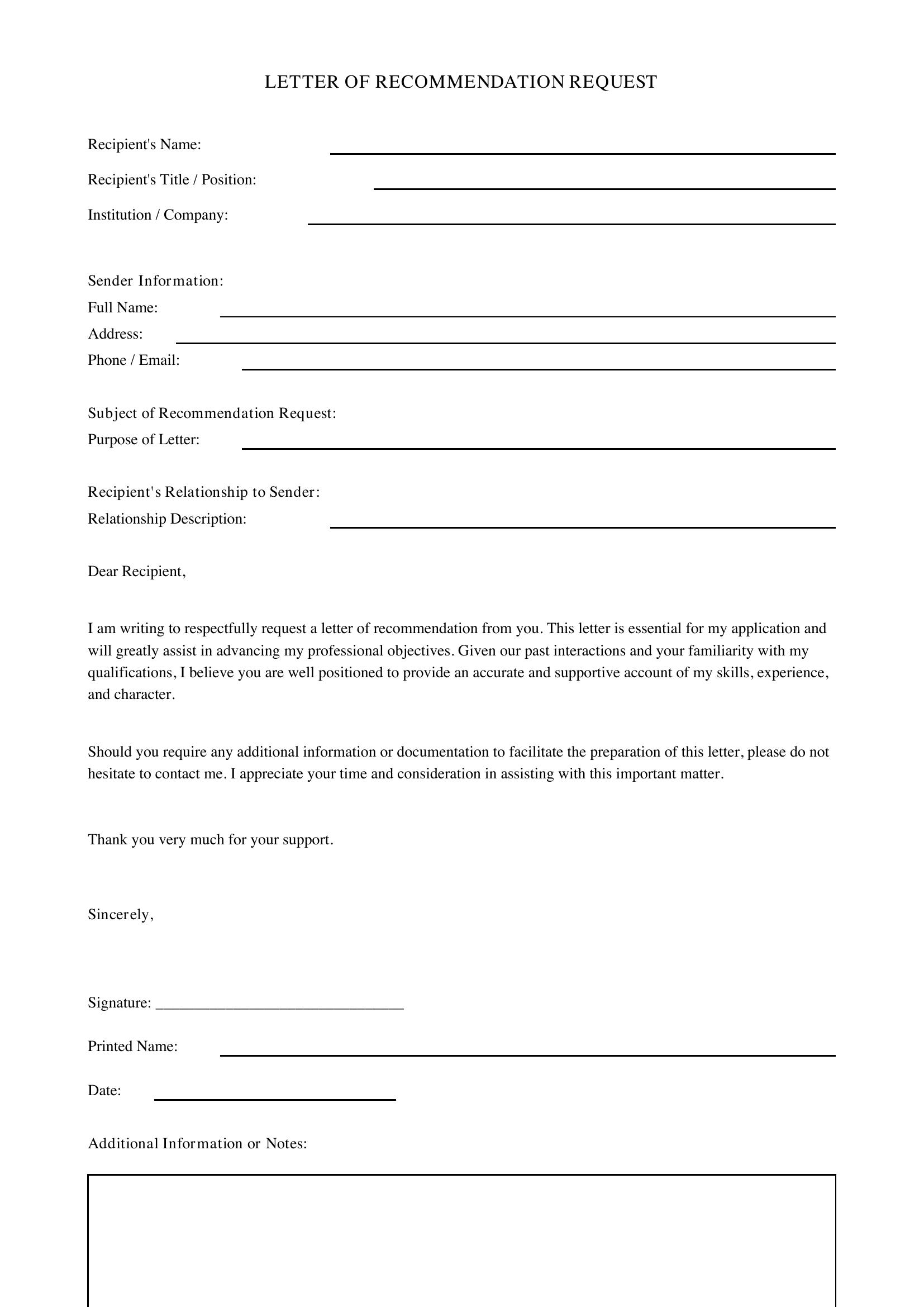 Letter Of Recommendation Request Template - US