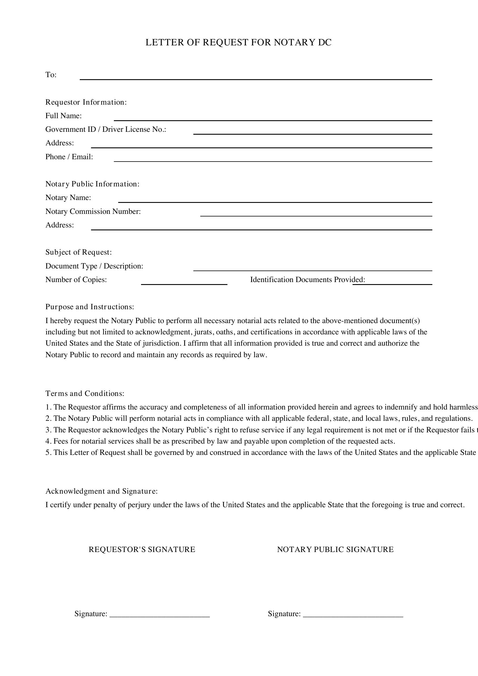 Letter Of Request For Notary Dc Template - US