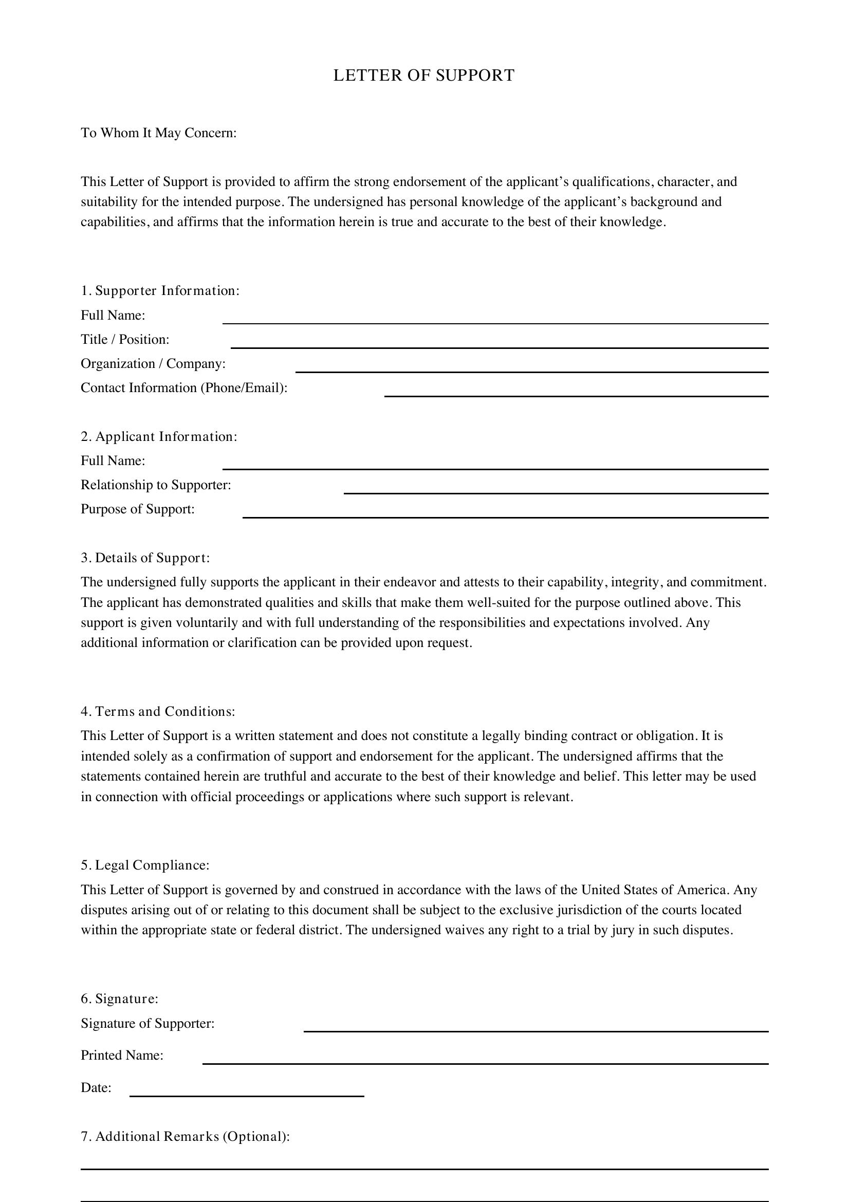 Letter Of Support Template - US