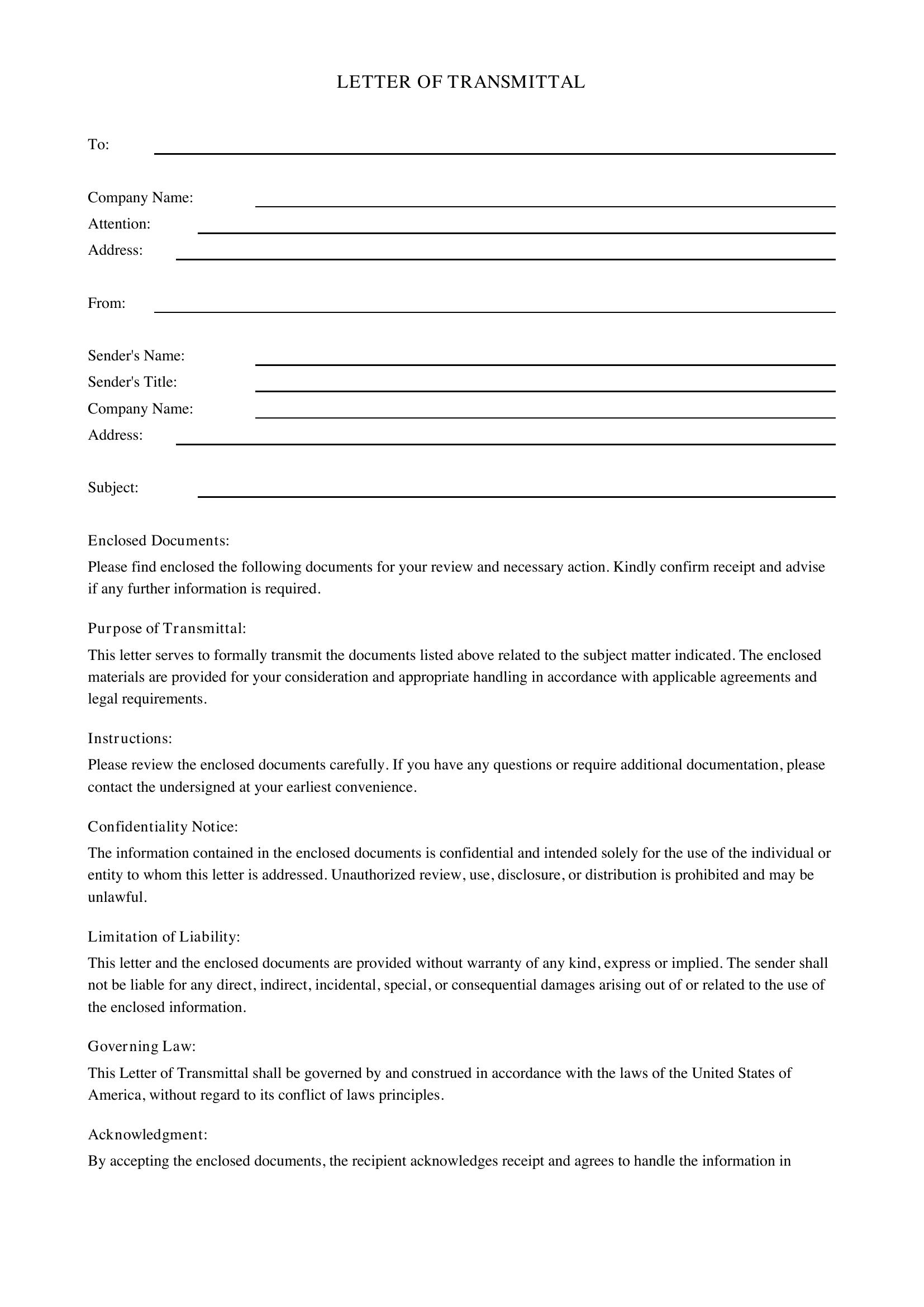 Letter Of Transmittal Template - US