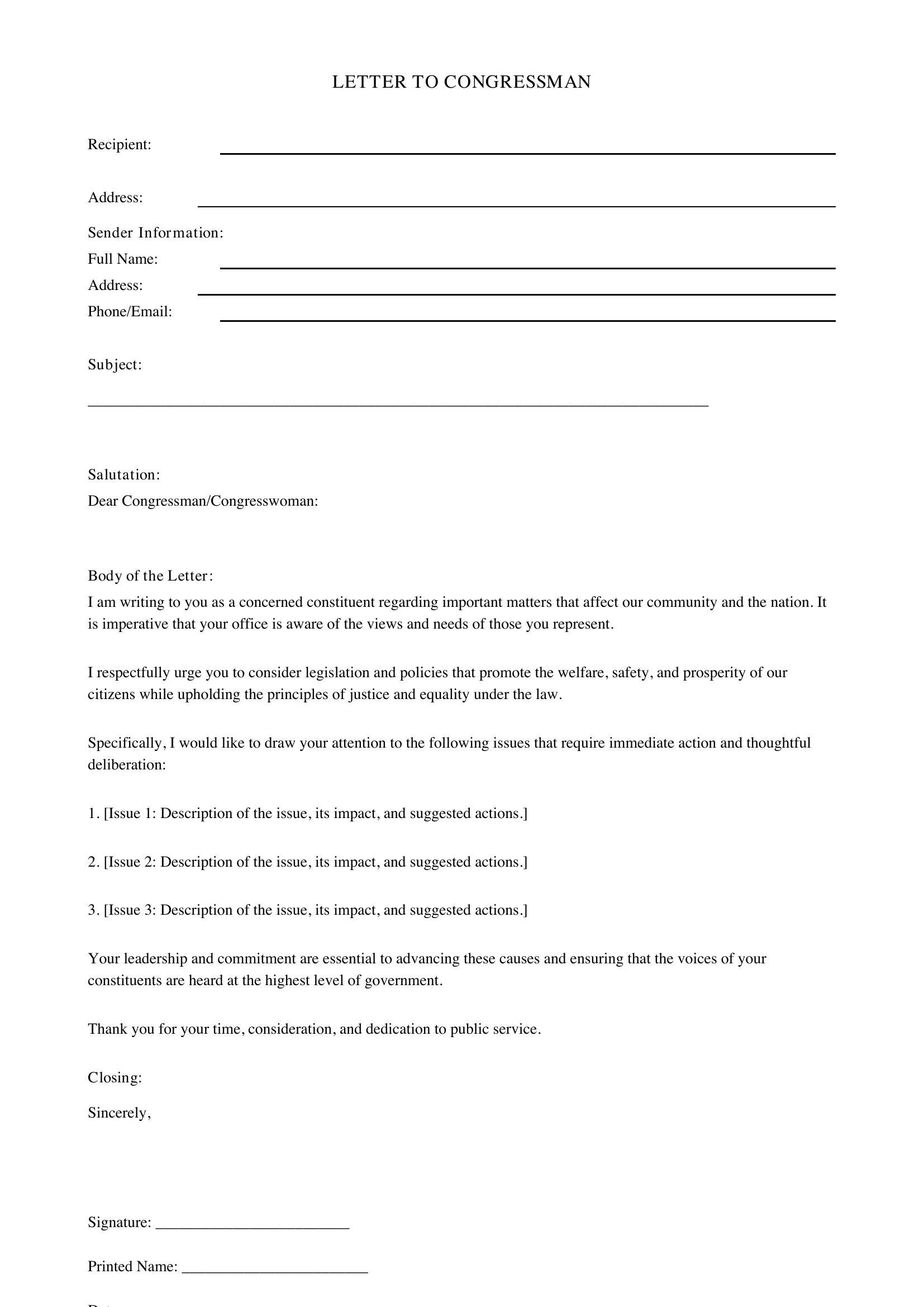 Letter To Congressman Template - US