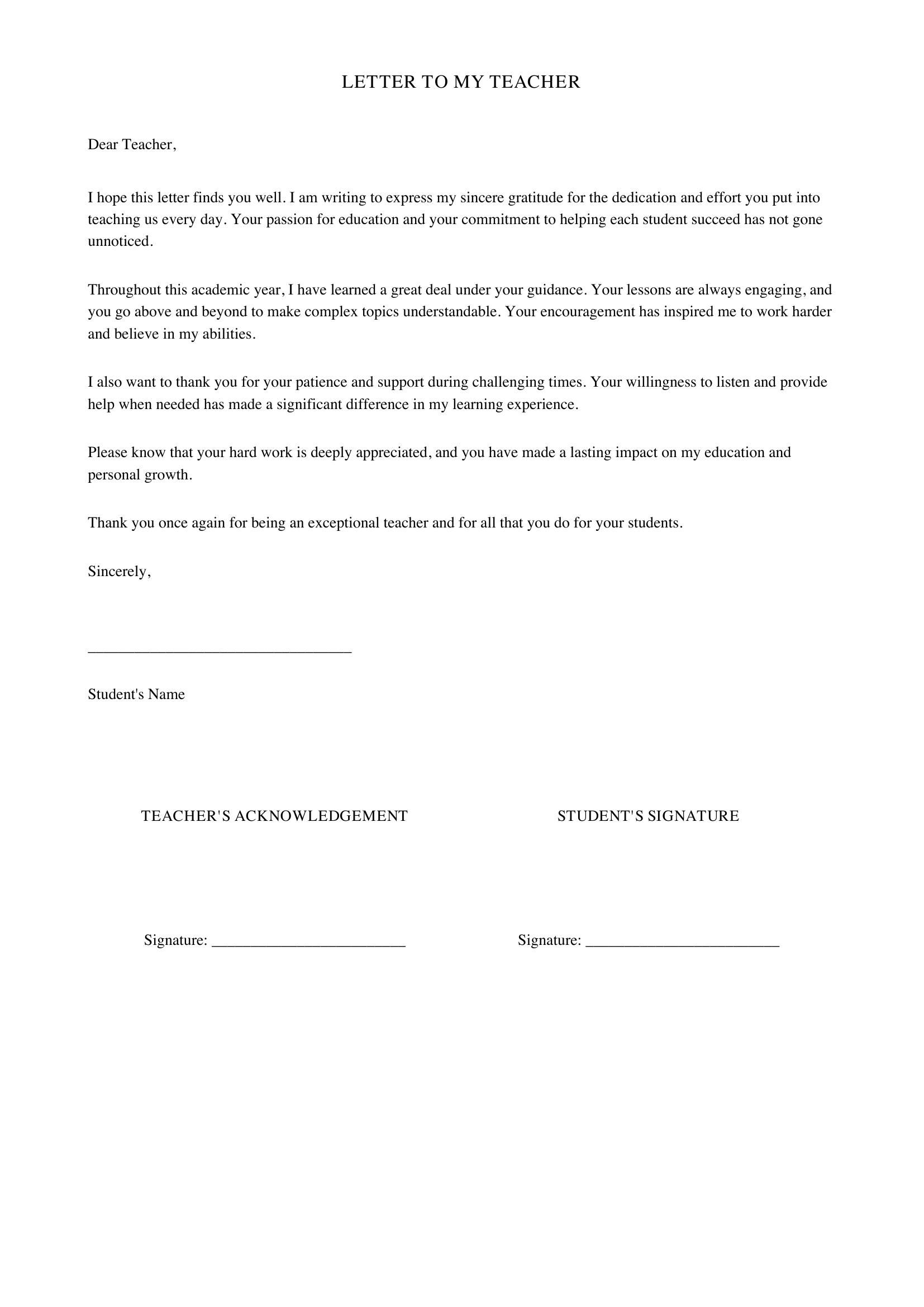 Letter To My Teacher Template - US