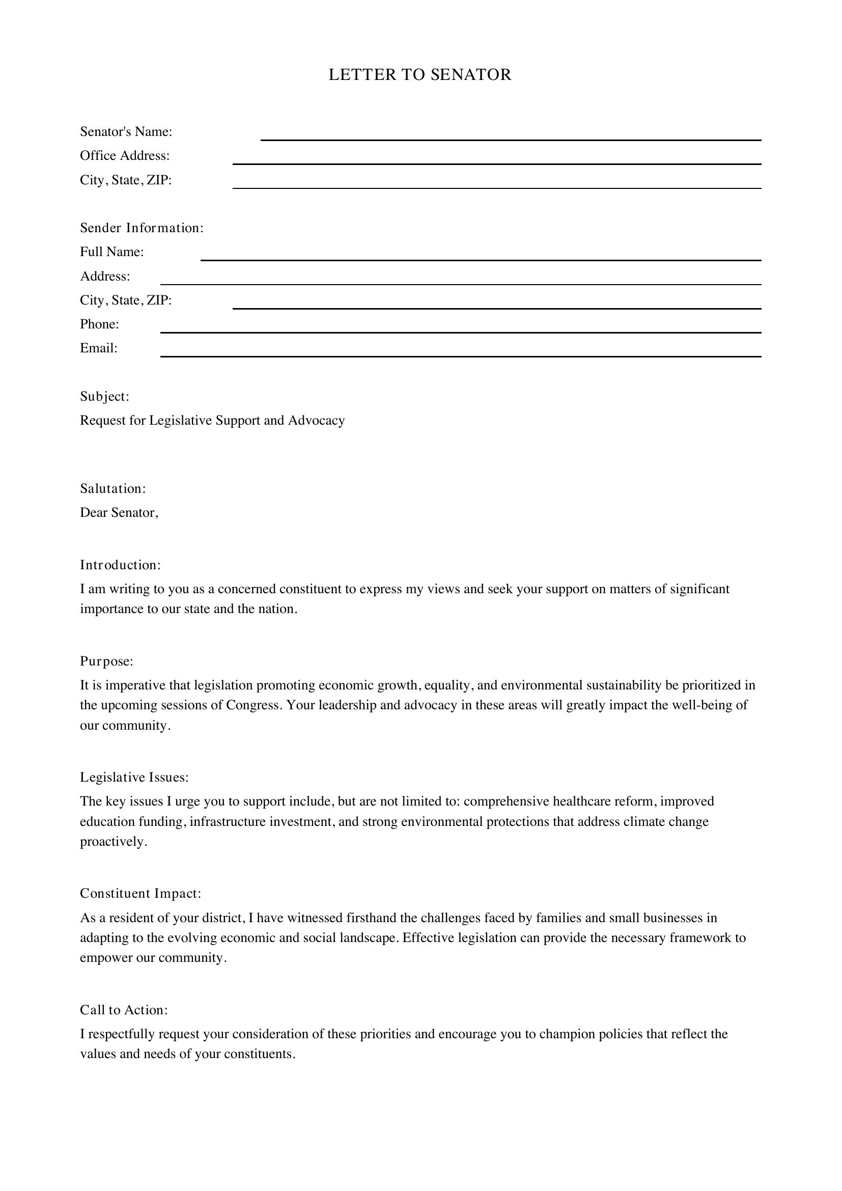Letter To Senator Template - US