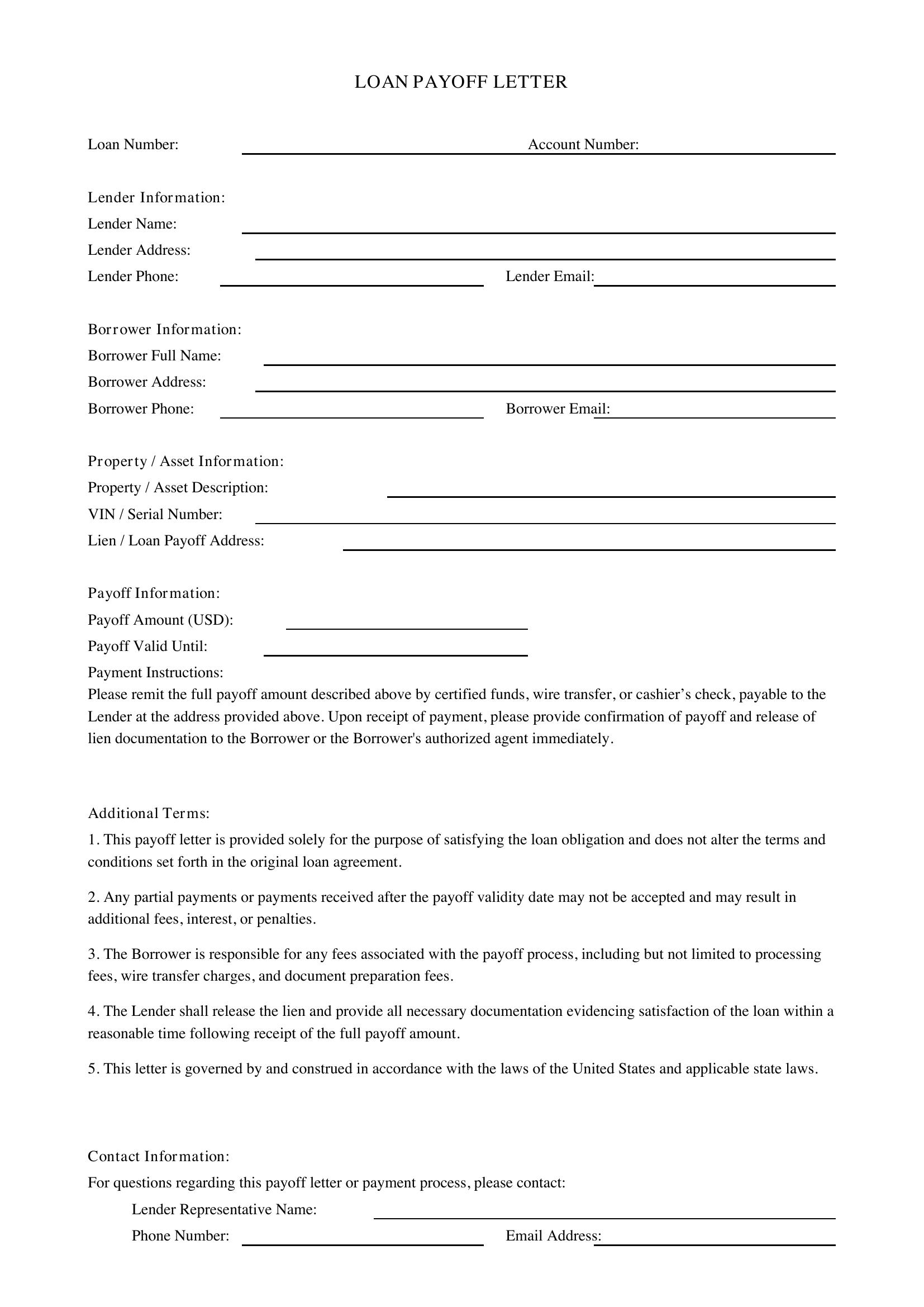 Loan Payoff Letter Template - US