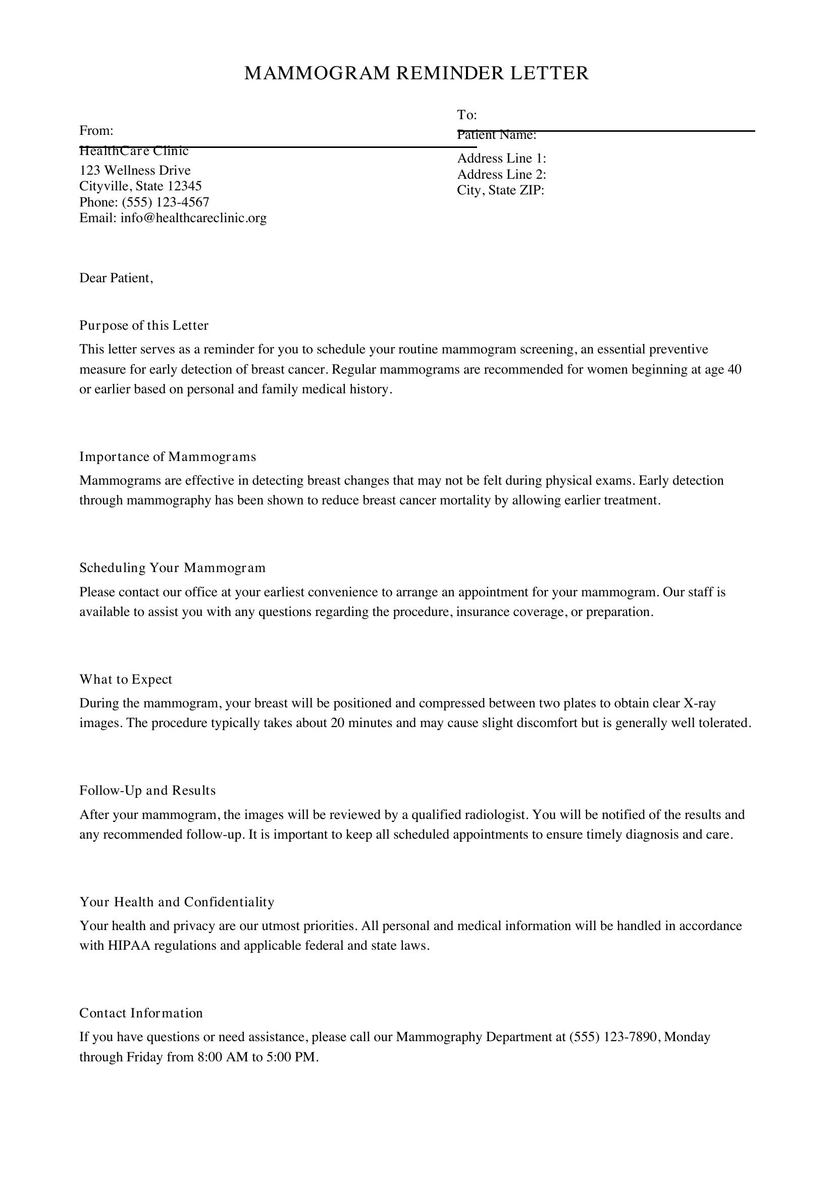 Mammogram Reminder Letter Template - US