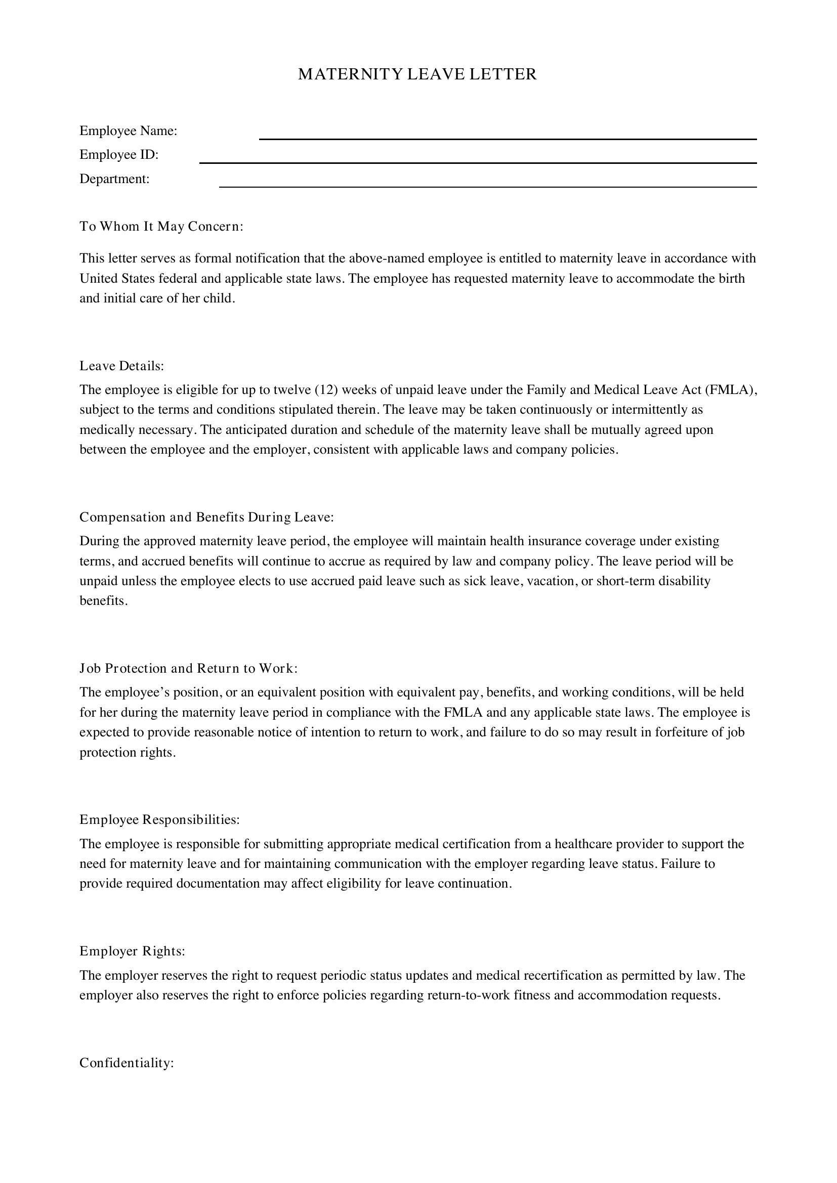 Maternity Leave Letter Template - US