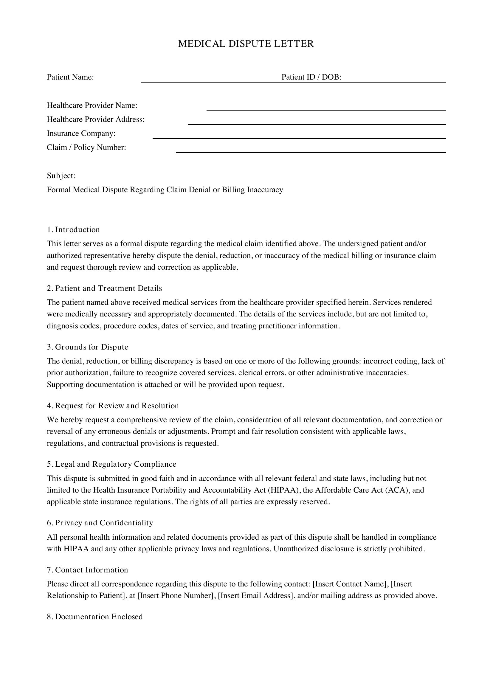 Medical Dispute Letter Template - US